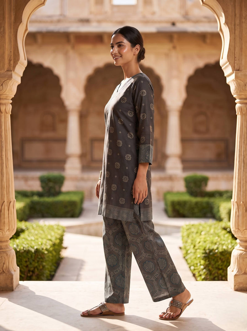 EARTHY TRIBAL ELEGANCE HANDWORK PURE MUSLIN CO-ORD SET