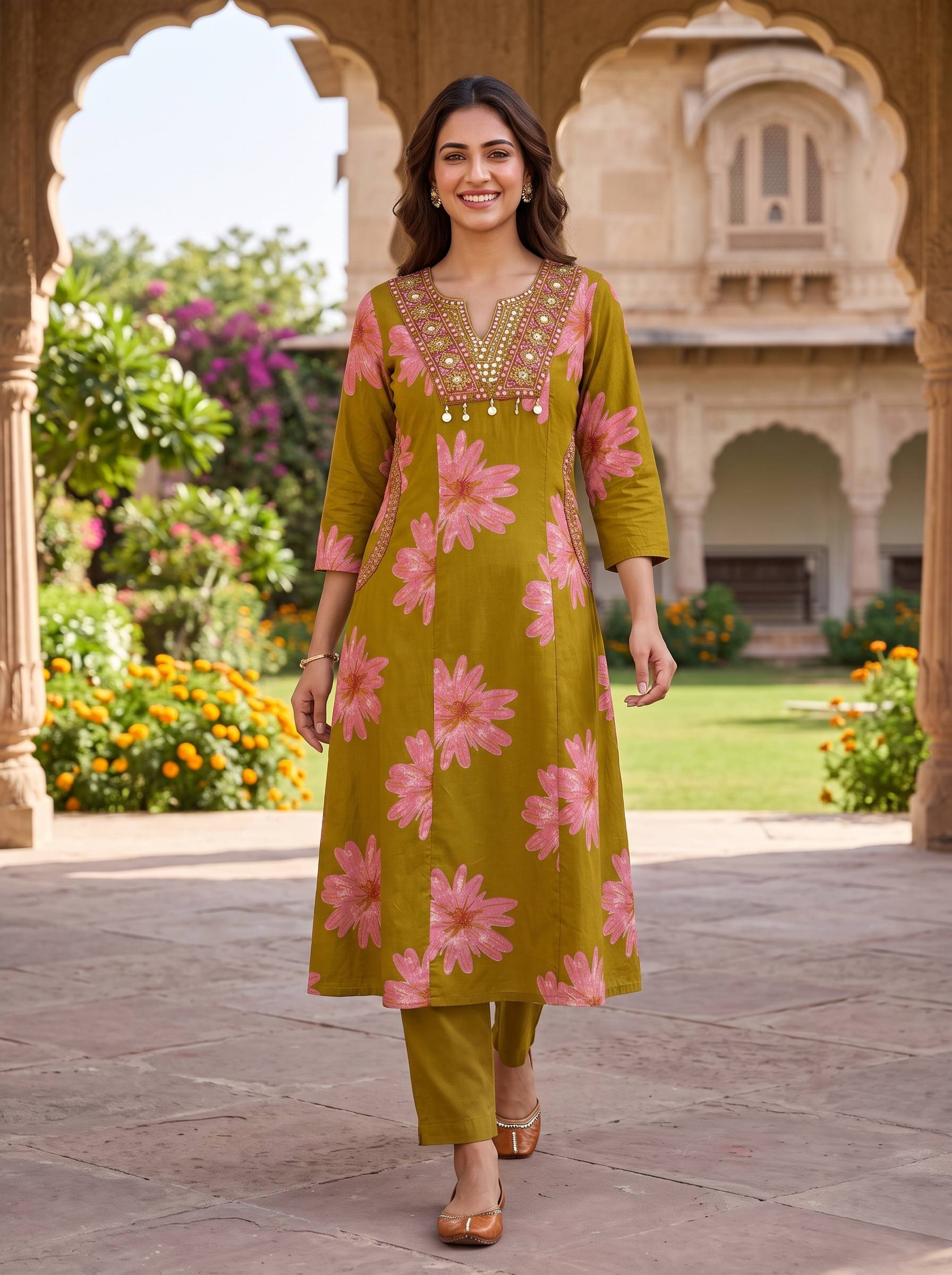 GOLDEN OLIVE BLOSSOM HANDWORK COTTON SUIT WITH DUPATTA