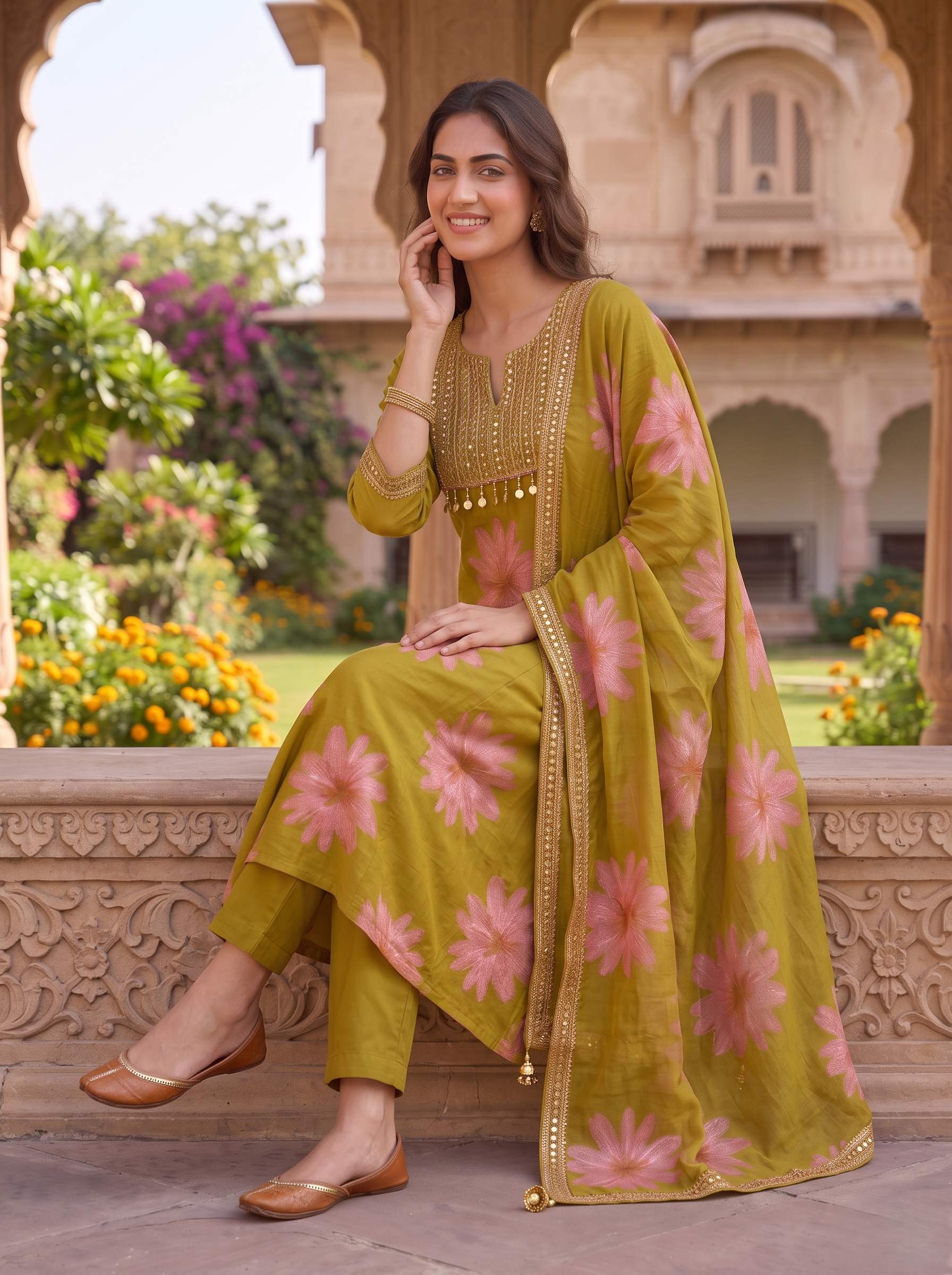 GOLDEN OLIVE BLOSSOM HANDWORK COTTON SUIT WITH DUPATTA