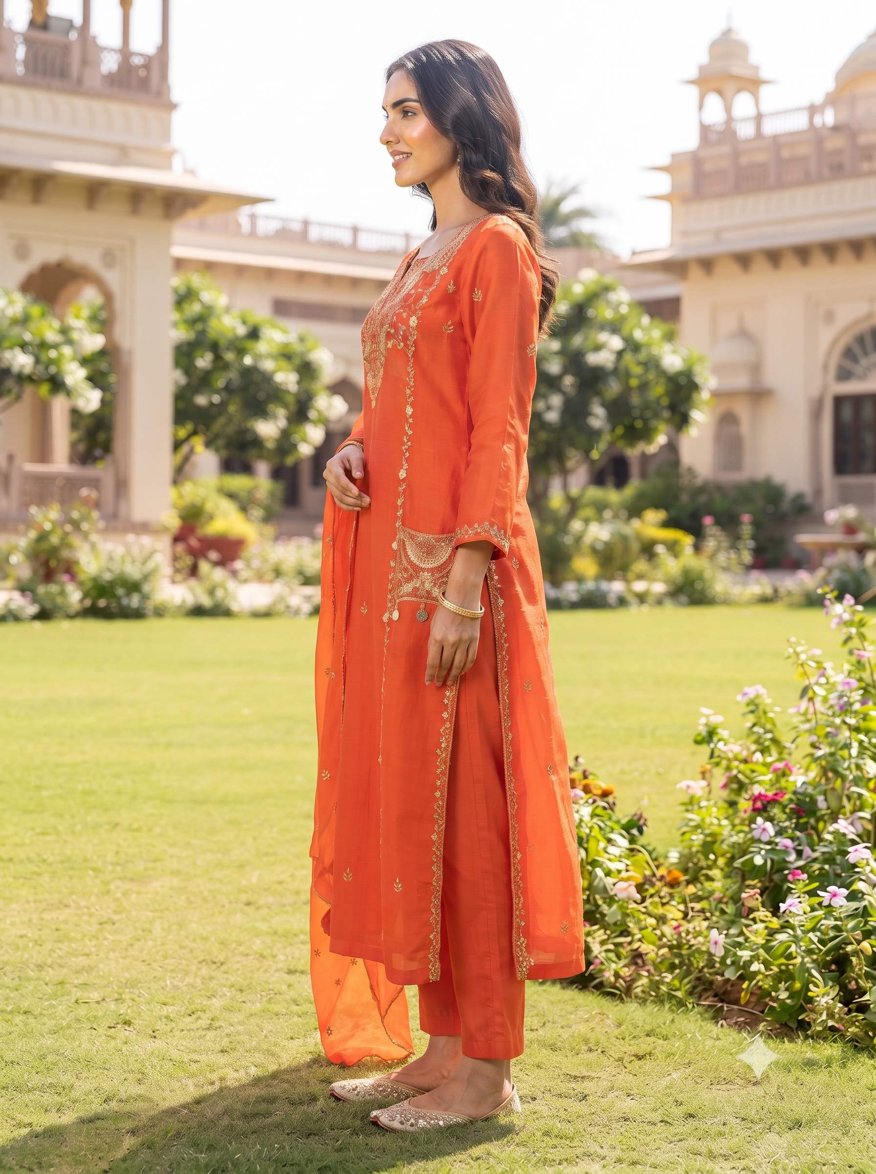 MEERA STRAIGHT HANDWORK POCKET PURE SILK SUIT SET