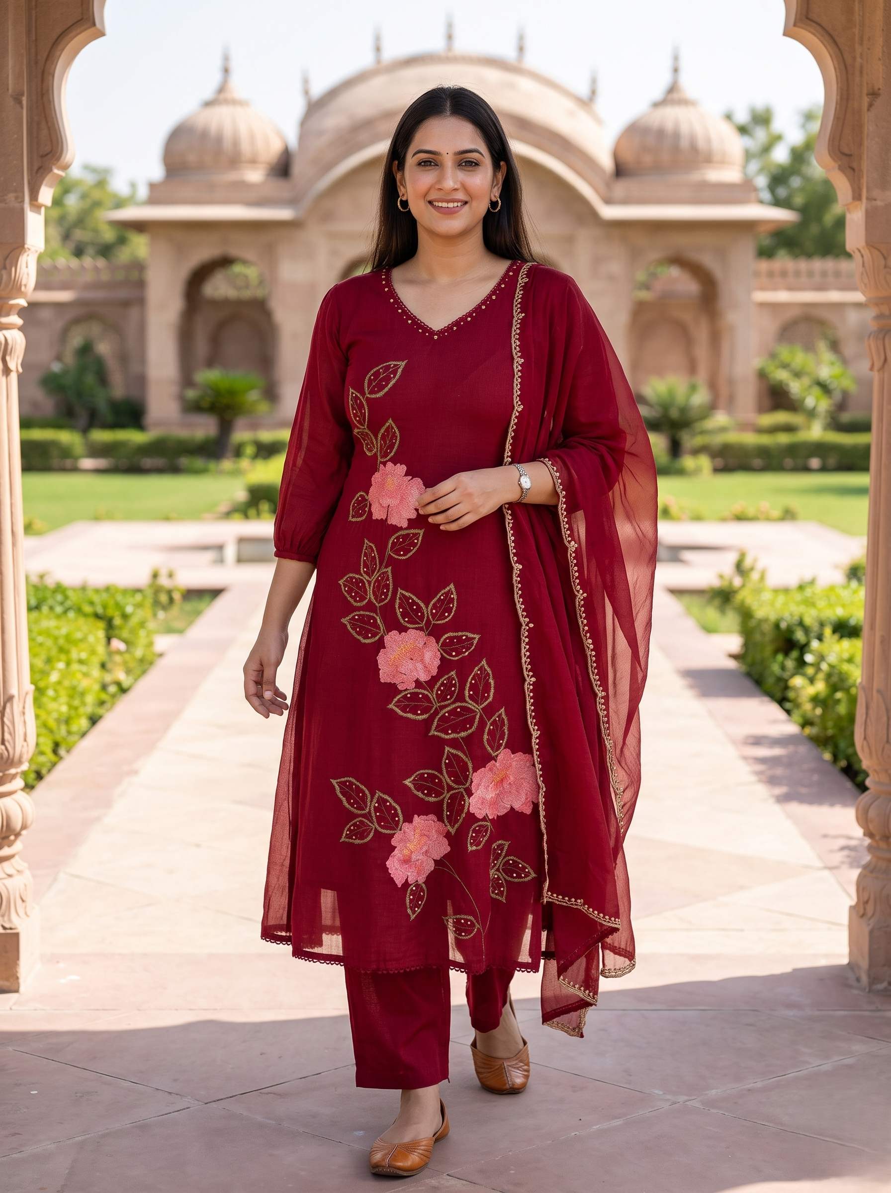 MAROON ROSE ELEGANCE PURE MUL COTTON A-LINE SUIT