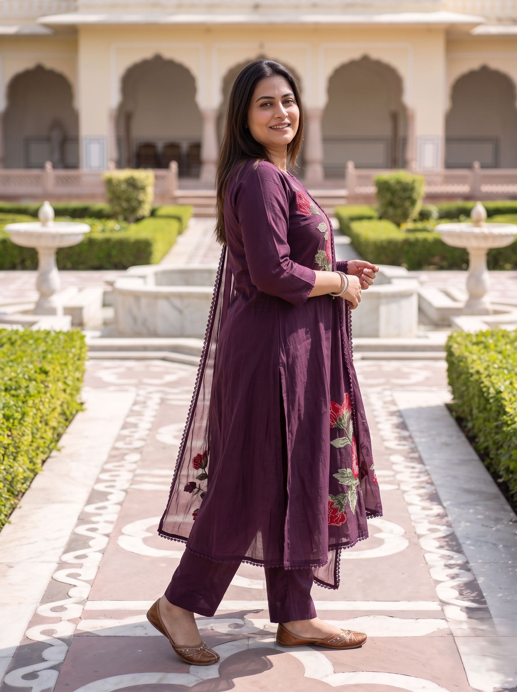 PLUM WINE EMBROIDERED PURE MUL COTTON A-LINE SUIT