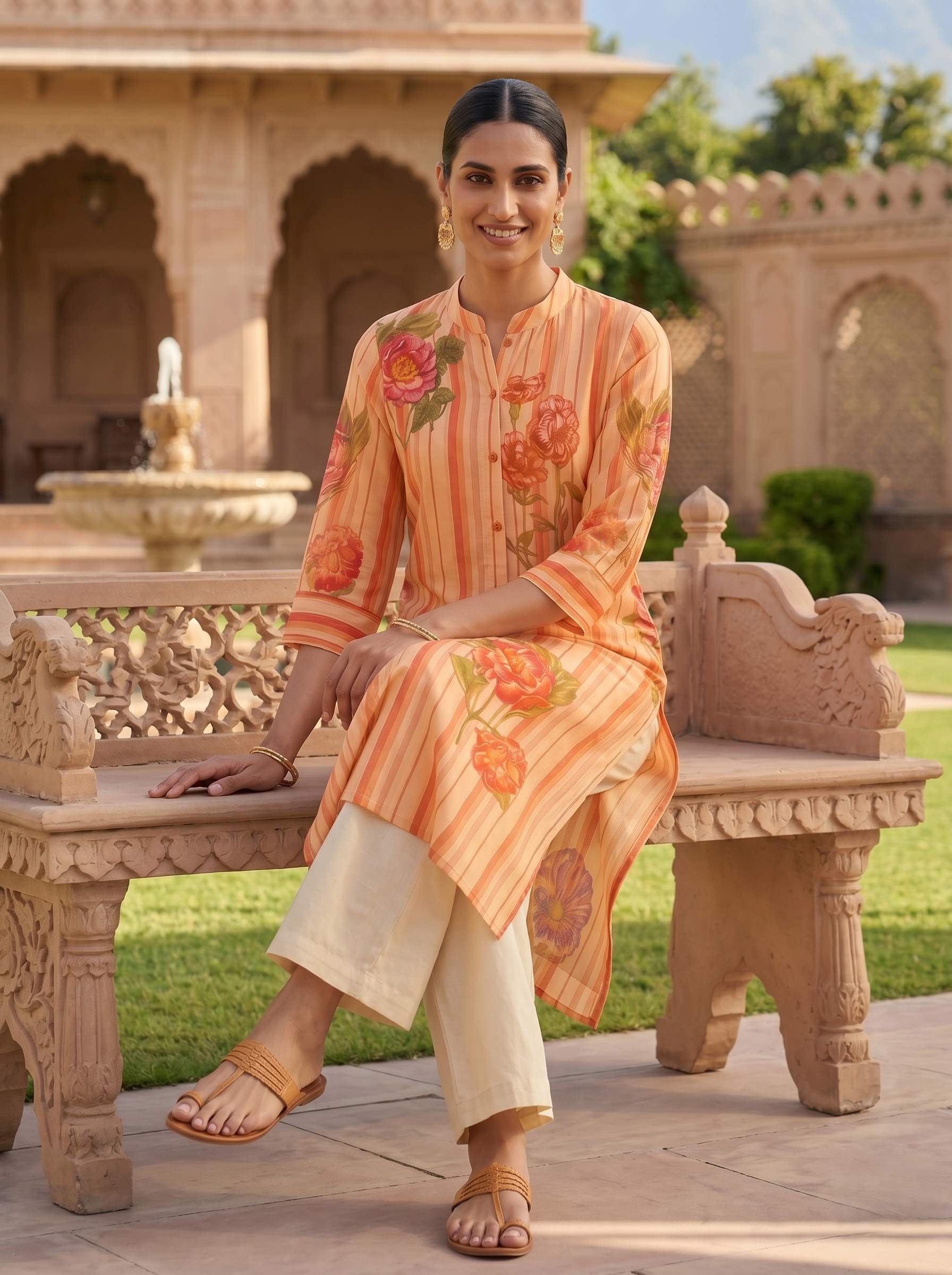 SUNSET BLOOM STRIPE KURTA SET