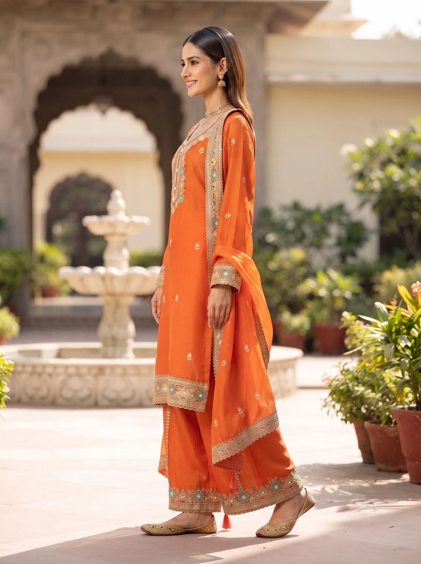 LEVANA ORANGE GARARA PURE CHIFFON SUIT WITH DUPATTA