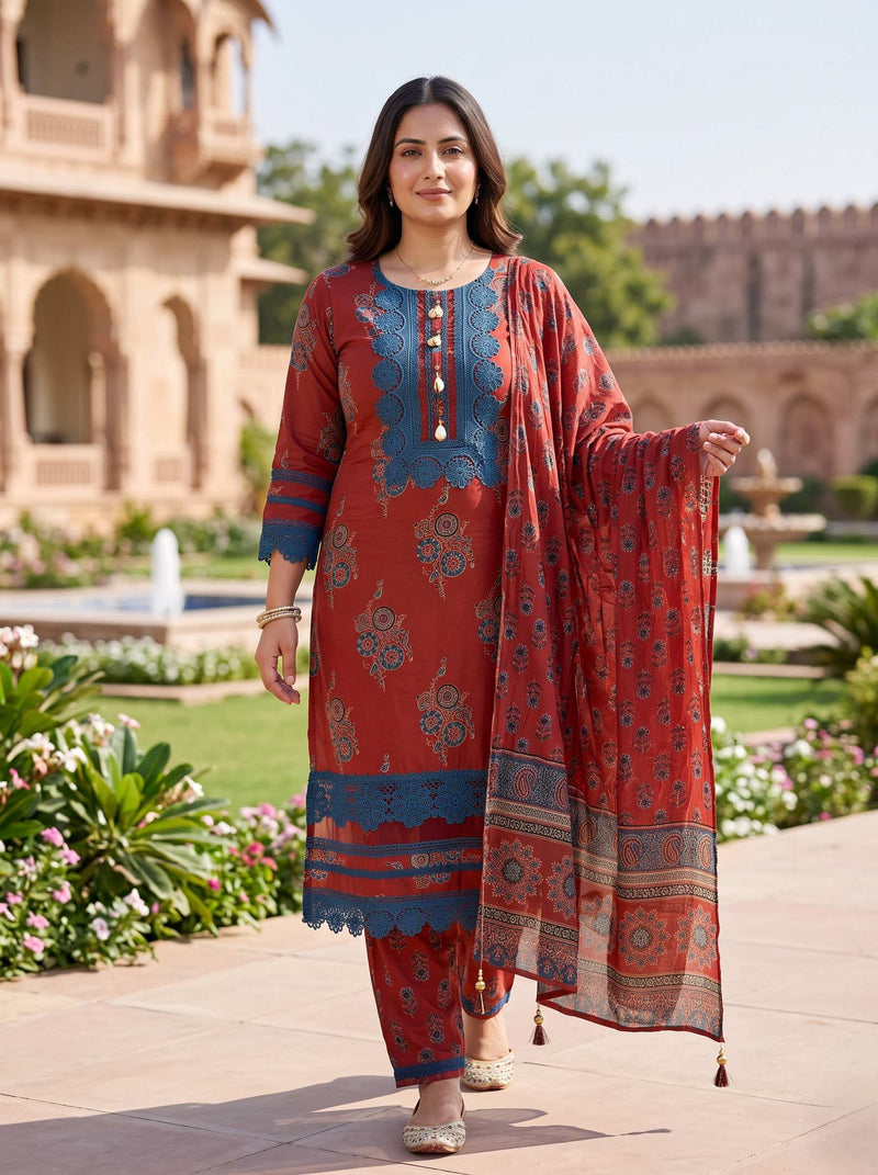 RUSTIC BLUE  EMBROIDERED PURE COTTON PAKISTANI SUIT WITH DUPATTA