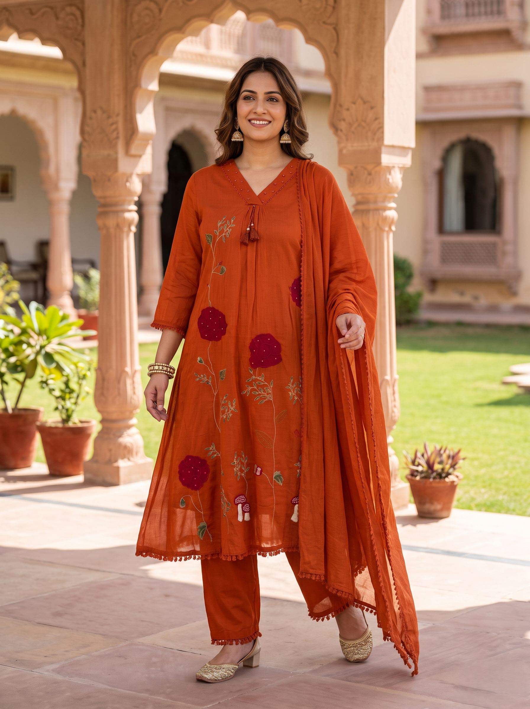 RUST ROSE EMBROIDERED PURE MUL COTTON A-LINE SUIT SET