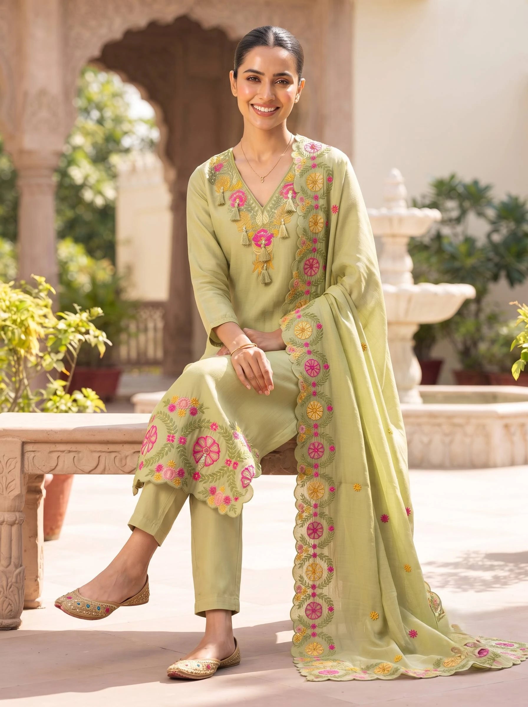 GIVA GREEN THREADWORK STRAIGHT SUIT SET