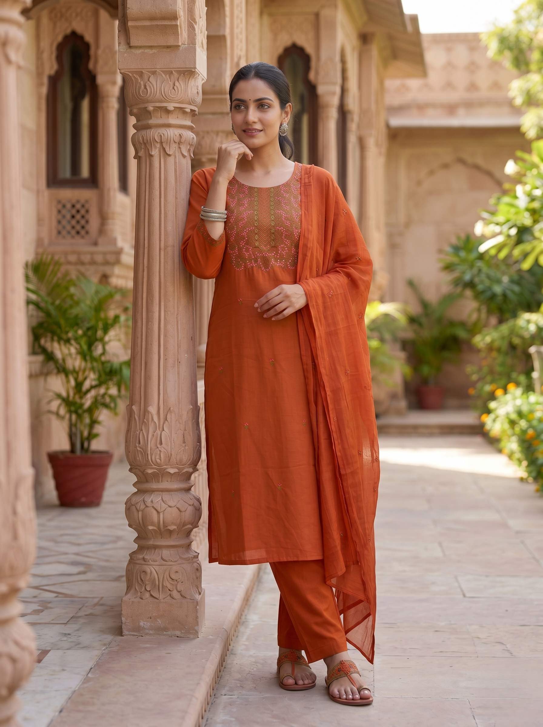 RUST ORANGE THREADWORK SUIT SET