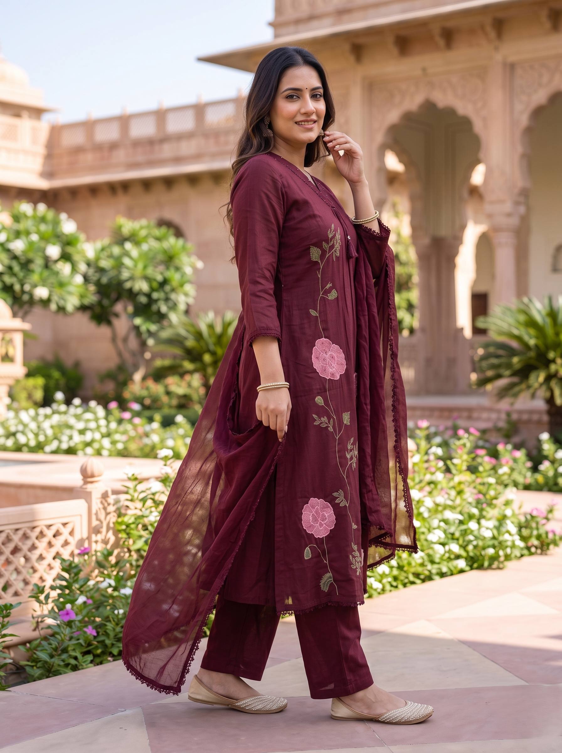 WINE RED PURE MUL COTTON A-LINE SUIT WITH DUPATTA