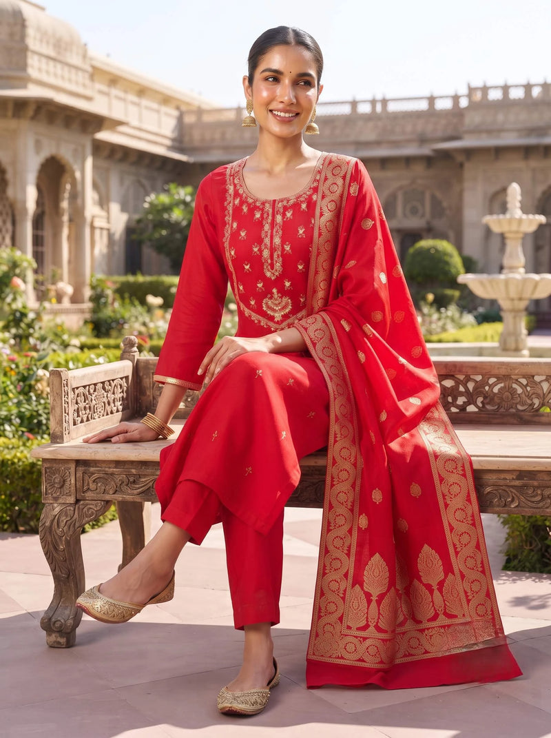 NAZAKAT RED HANDWORK WITH BANARSI DUPATTA SUIT SET