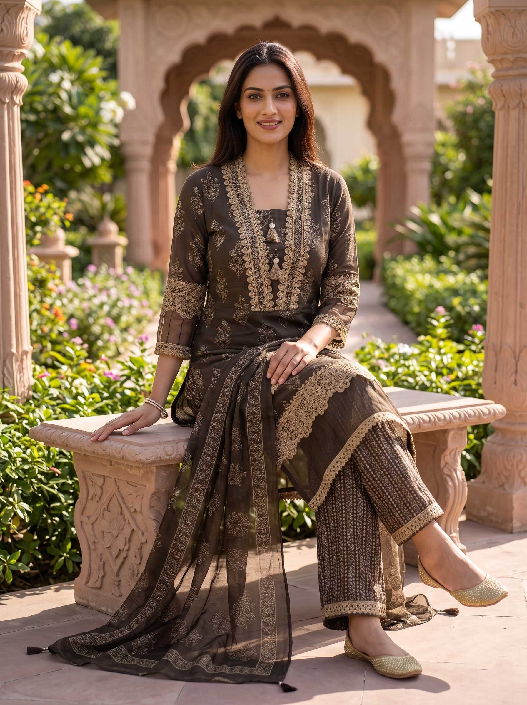 CHOCOLATE BROWN EMBROIDERED COTTON PAKISTANI SUIT WITH DUPATTA