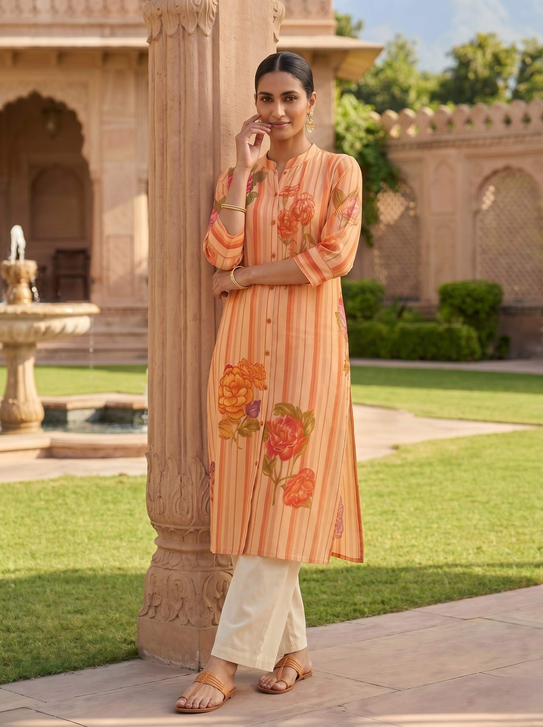 SUNSET BLOOM STRIPE KURTA SET