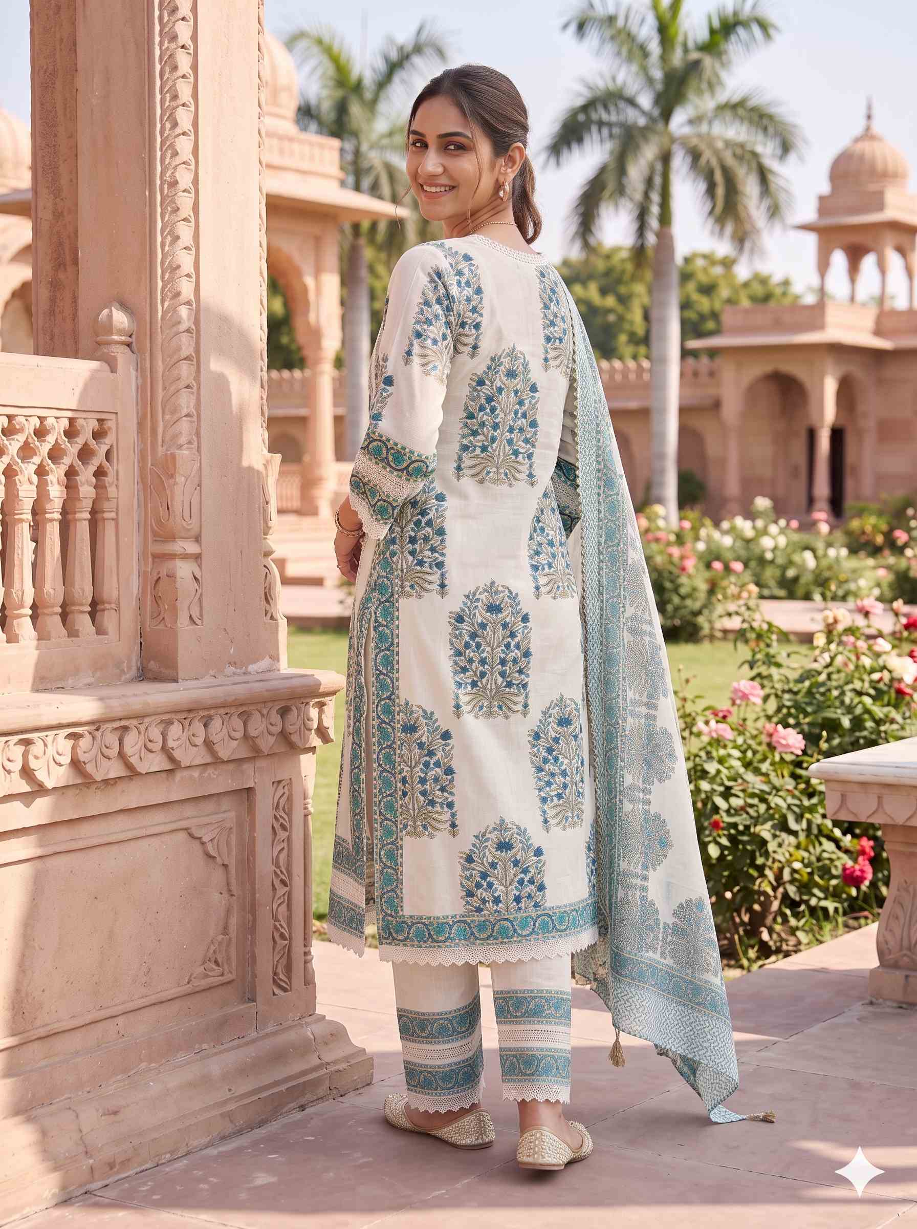 SEA GREEN EMBROIDERED COTTON PAKISTANI SUIT WITH DUPATTA