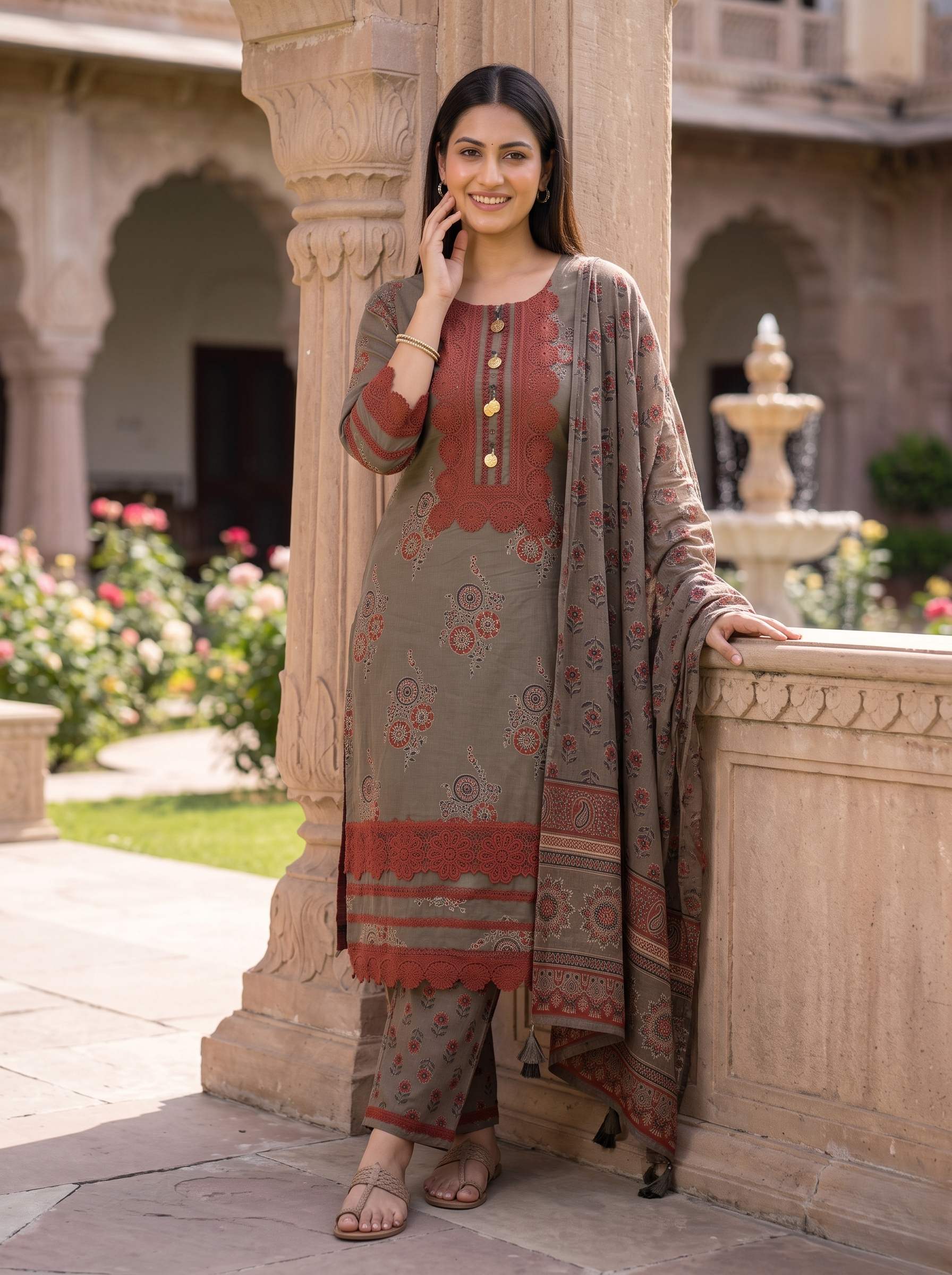 COFFEE BROWN EMBROIDERED COTTON PAKISTANI SUIT WITH DUPATTA