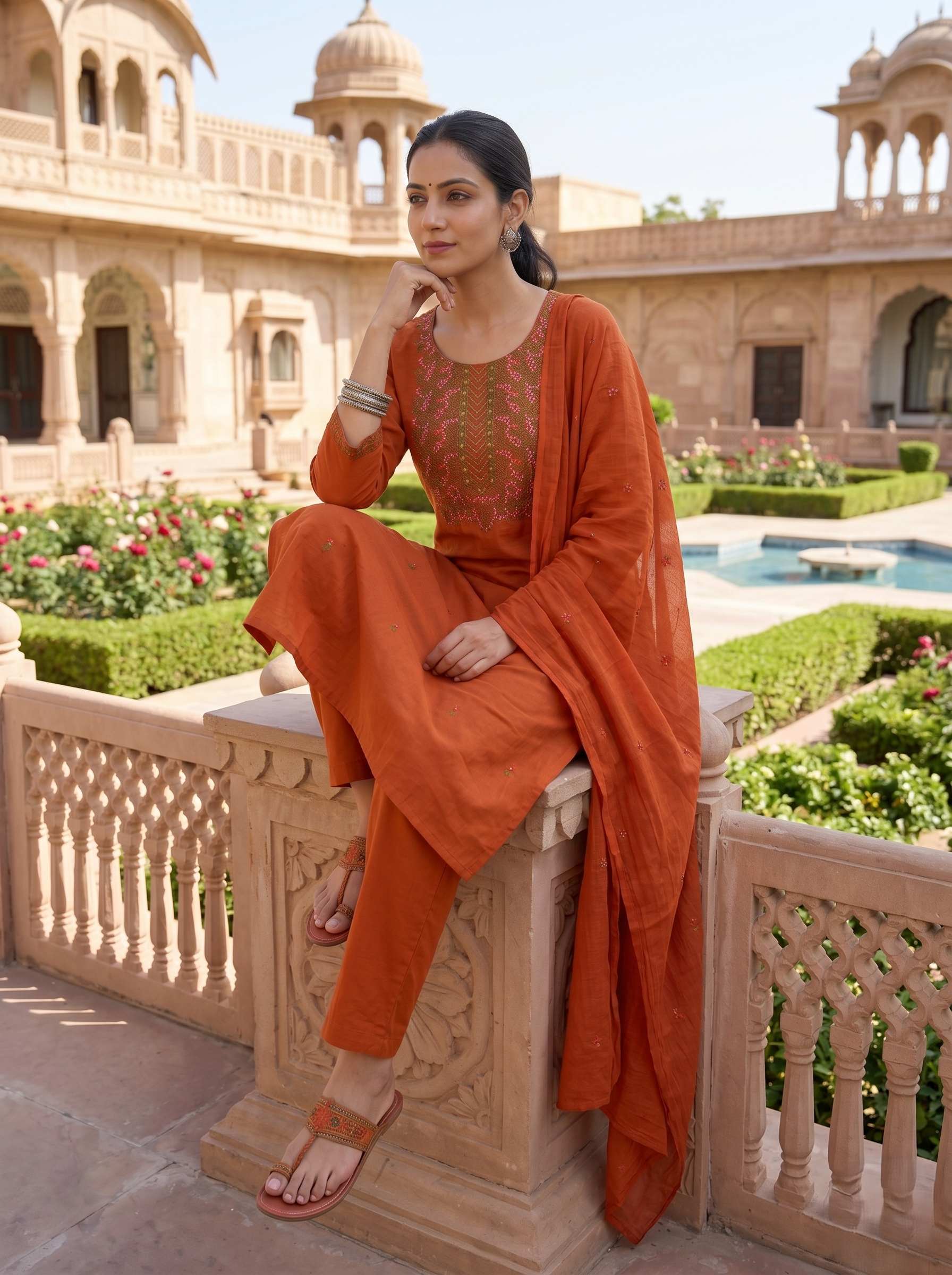 RUST ORANGE THREADWORK SUIT SET