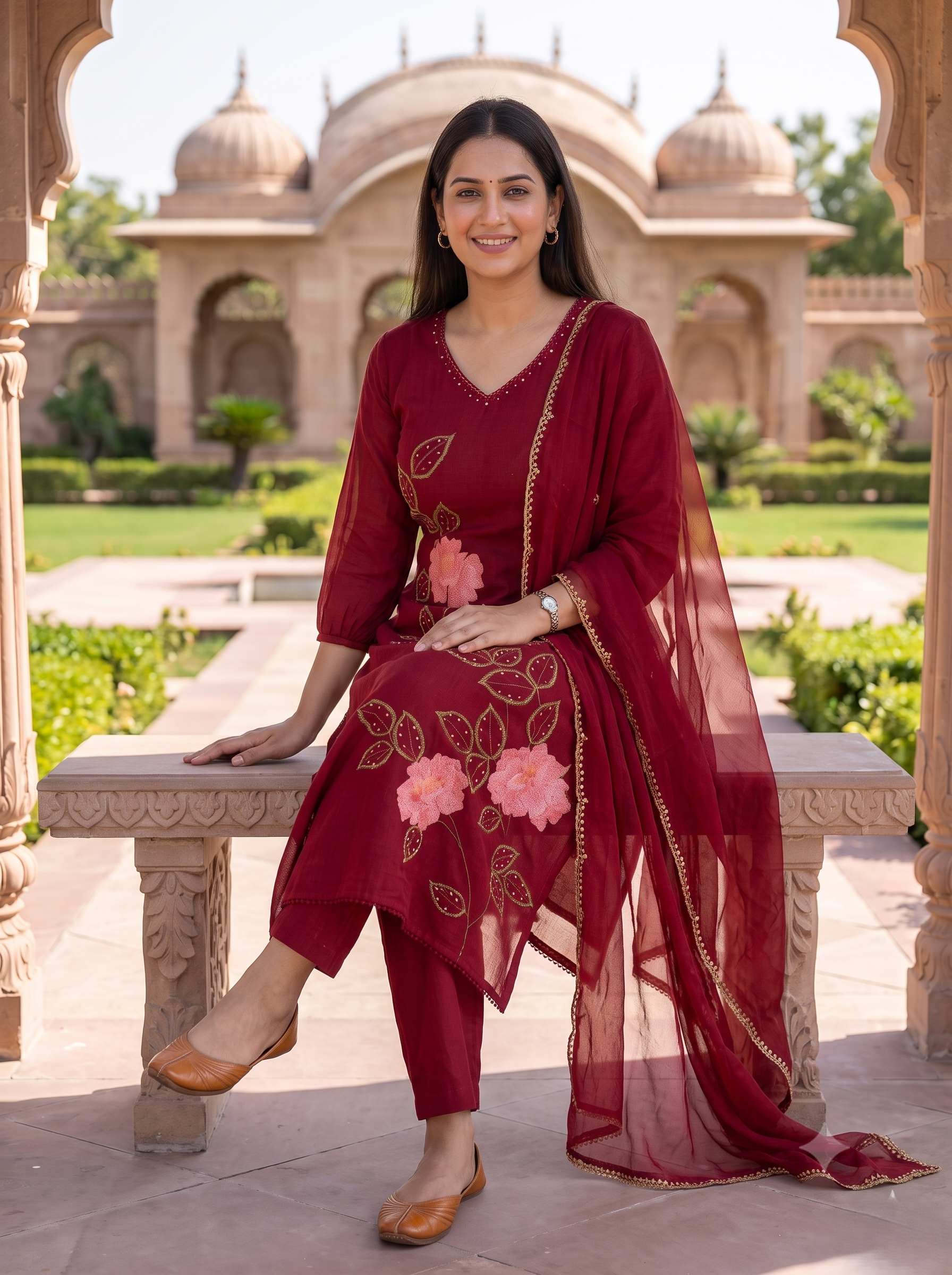 MAROON ROSE ELEGANCE PURE MUL COTTON A-LINE SUIT