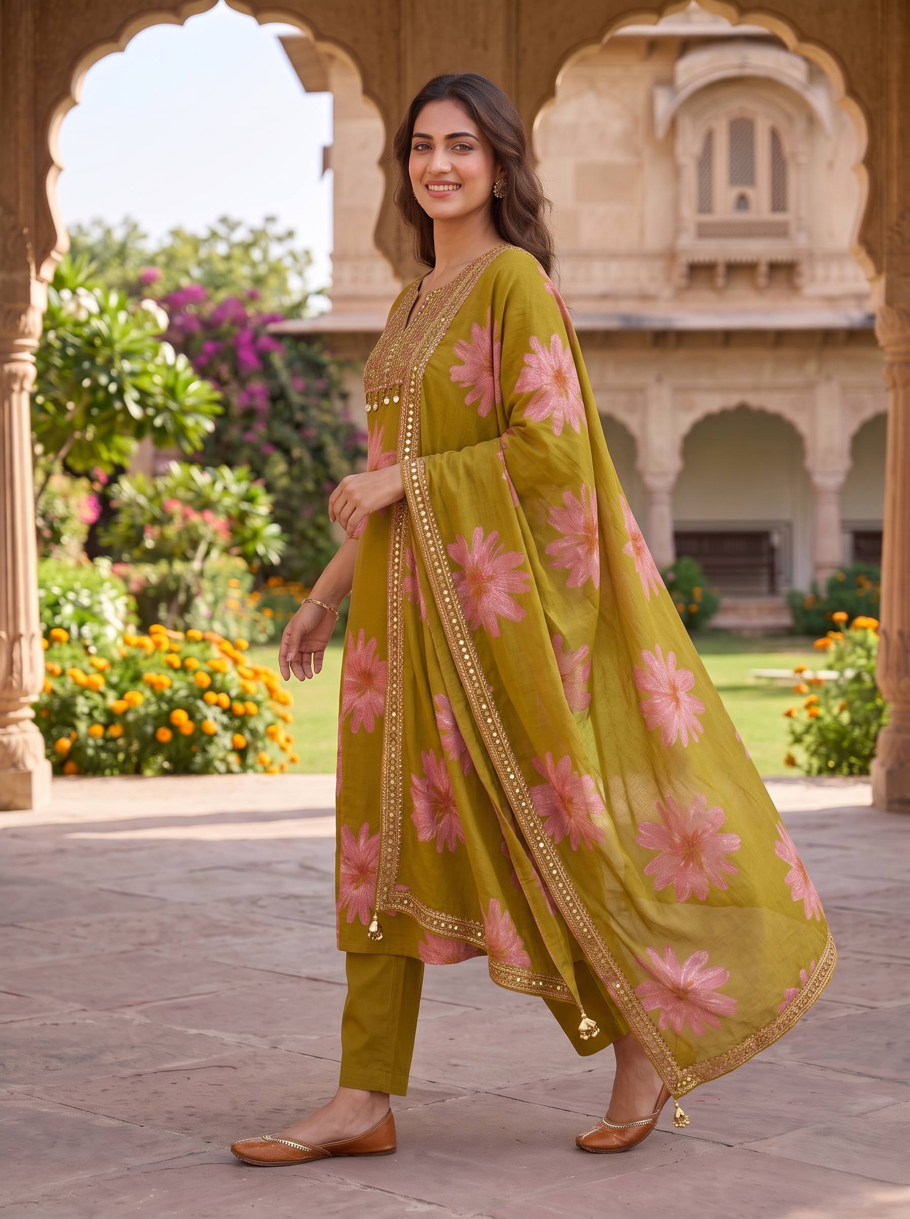 GOLDEN OLIVE BLOSSOM HANDWORK COTTON SUIT WITH DUPATTA
