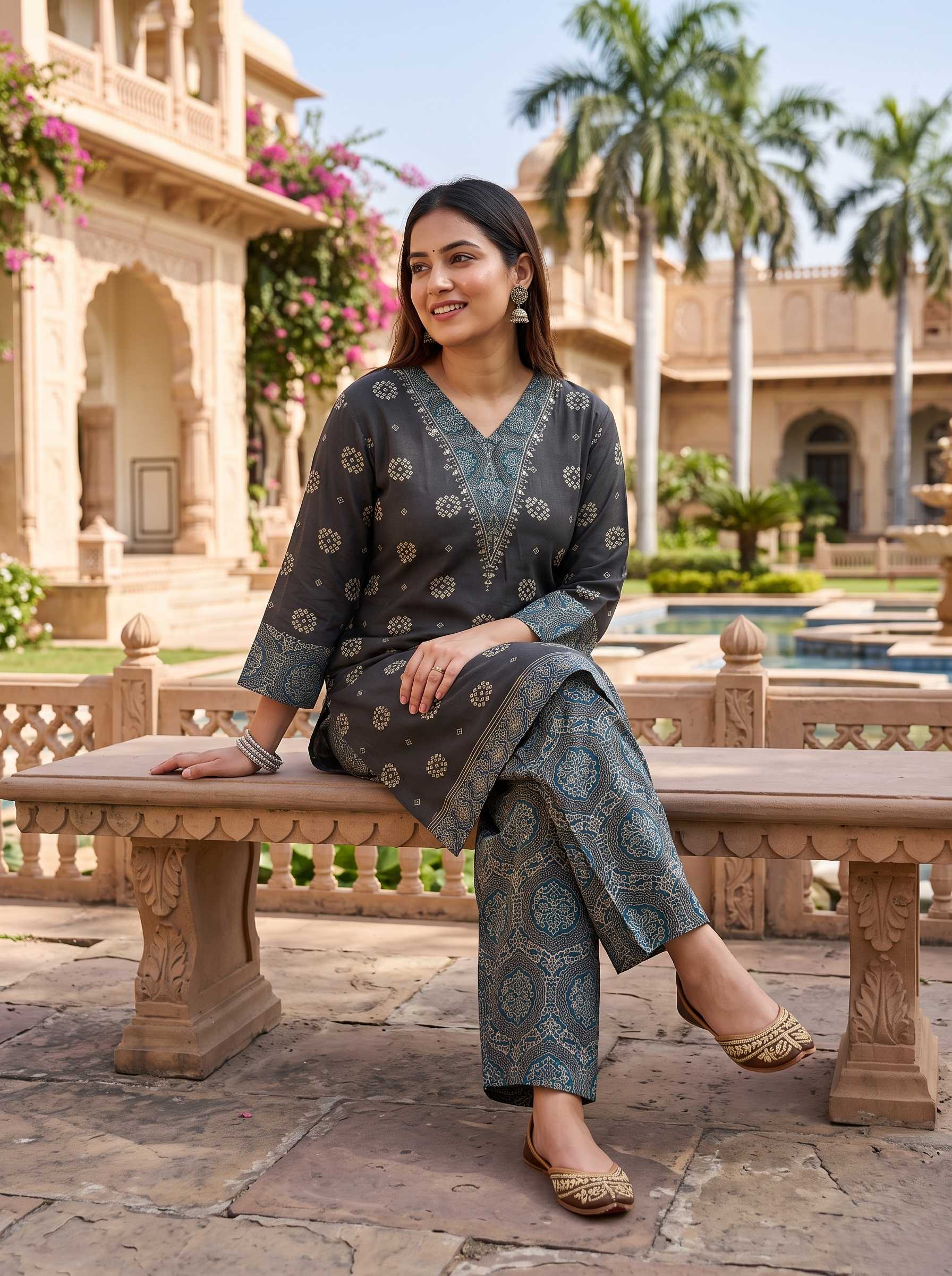EARTHY TRIBAL ELEGANCE HANDWORK PURE MUSLIN CO-ORD SET
