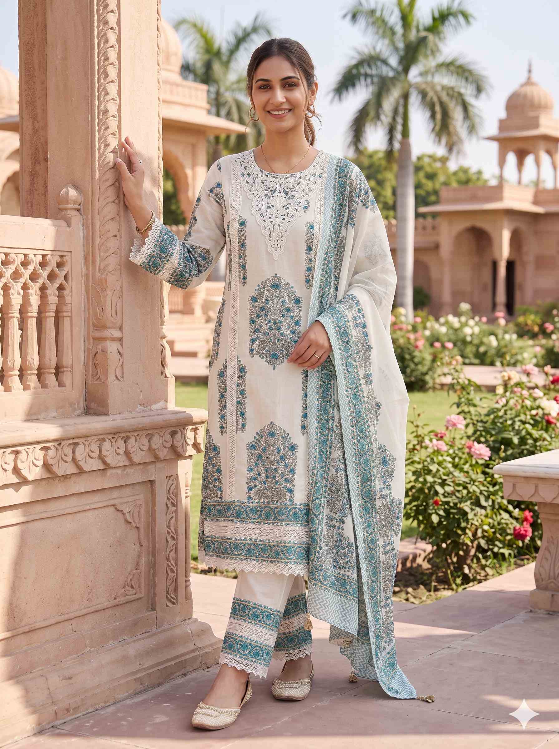 SEA GREEN EMBROIDERED COTTON PAKISTANI SUIT WITH DUPATTA