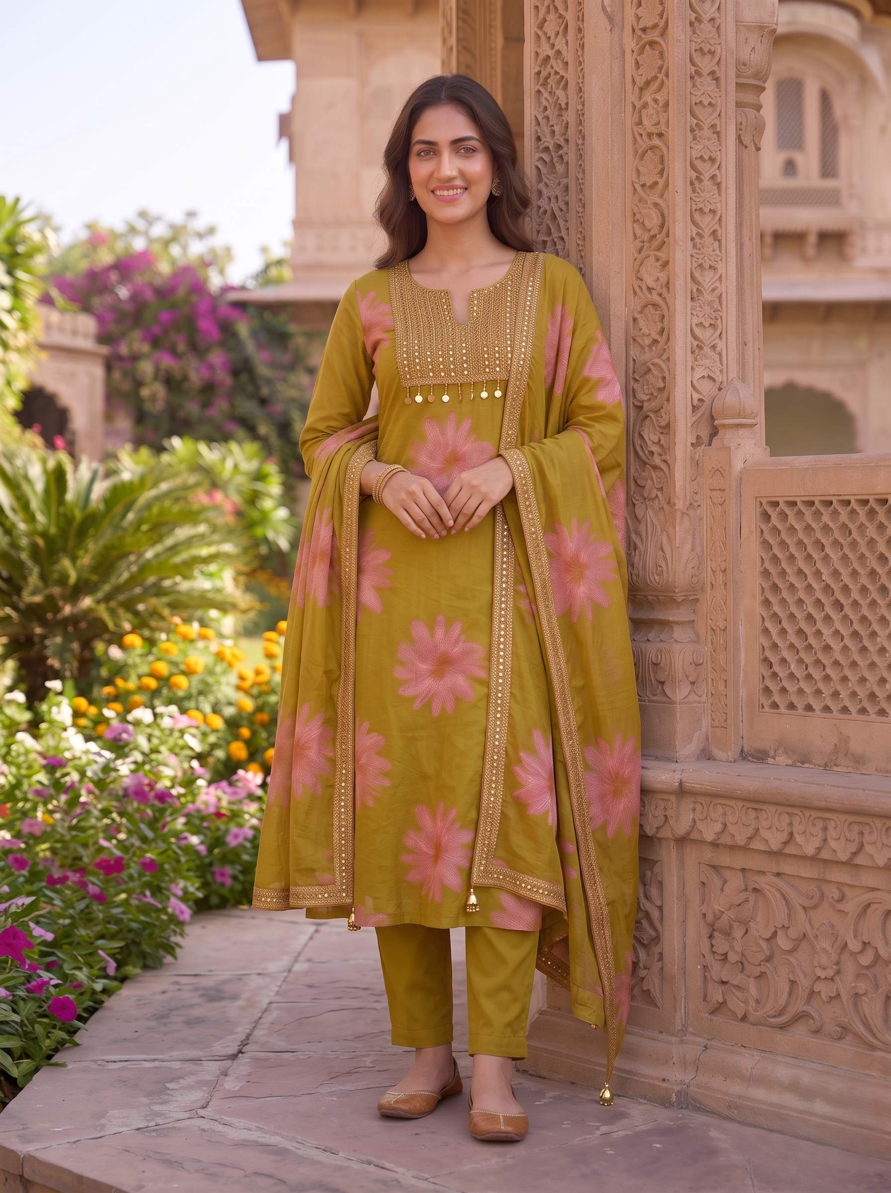GOLDEN OLIVE BLOSSOM HANDWORK COTTON SUIT WITH DUPATTA