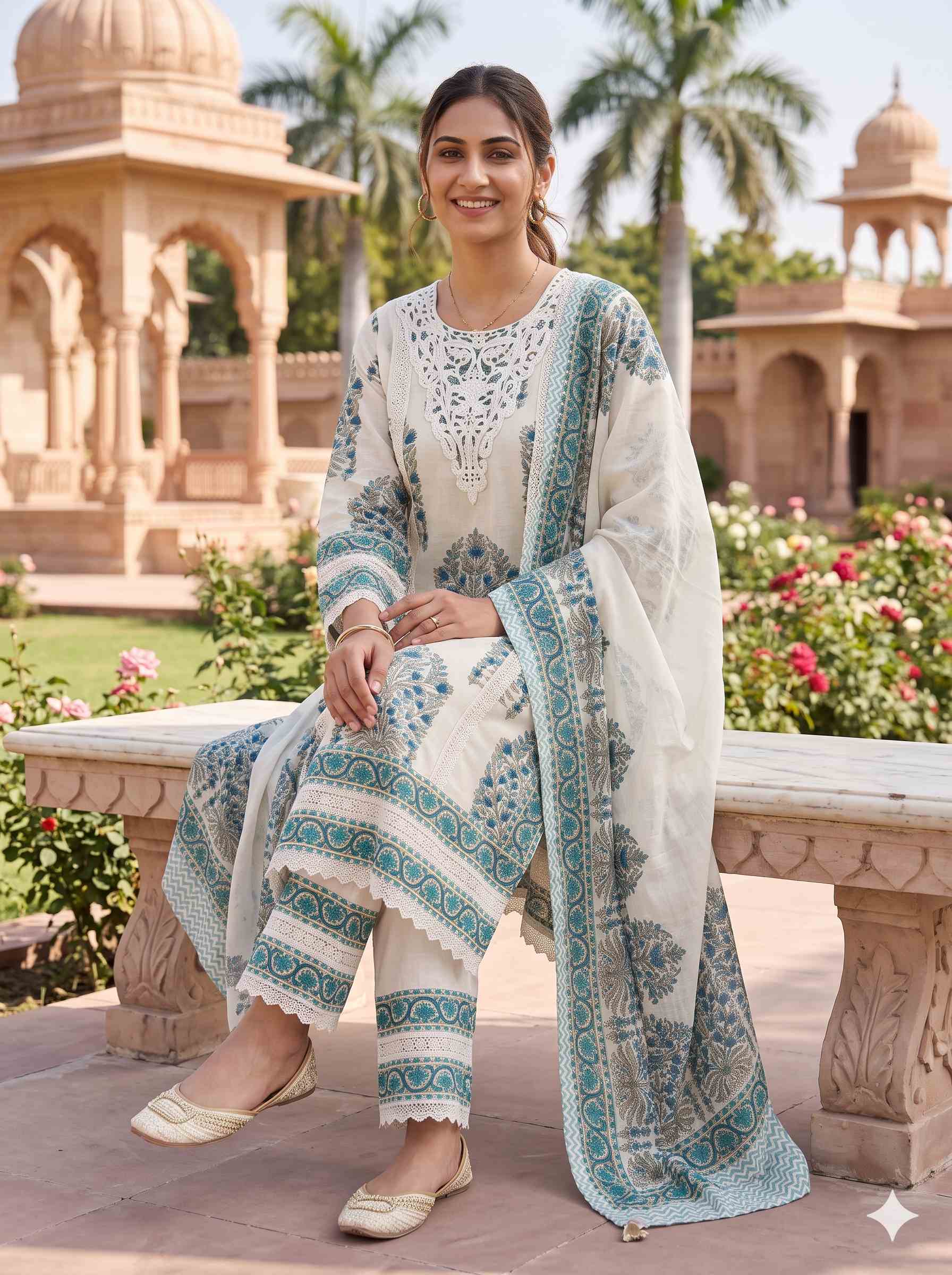 SEA GREEN EMBROIDERED COTTON PAKISTANI SUIT WITH DUPATTA