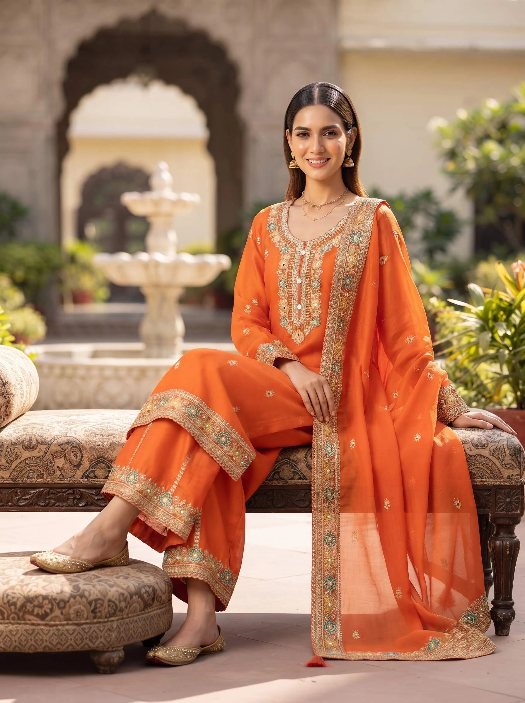LEVANA ORANGE GARARA PURE CHIFFON SUIT WITH DUPATTA