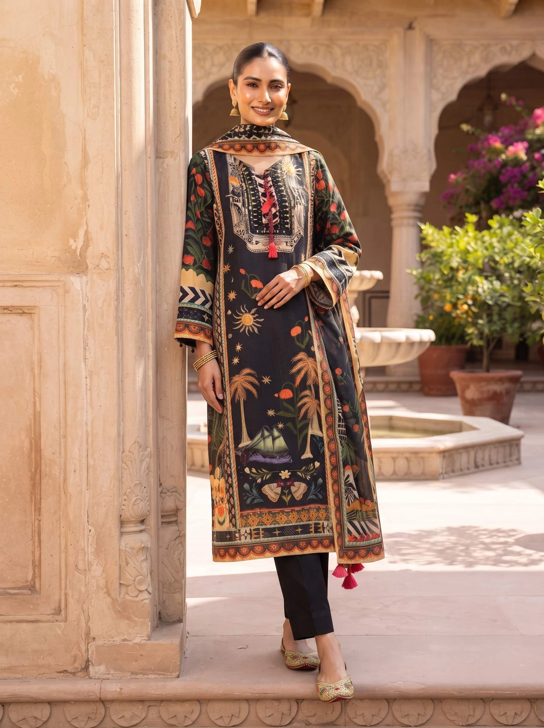 MIDNIGHT TRIBAL SEQUIN PURE CREPE  SUIT WITH DUPATTA