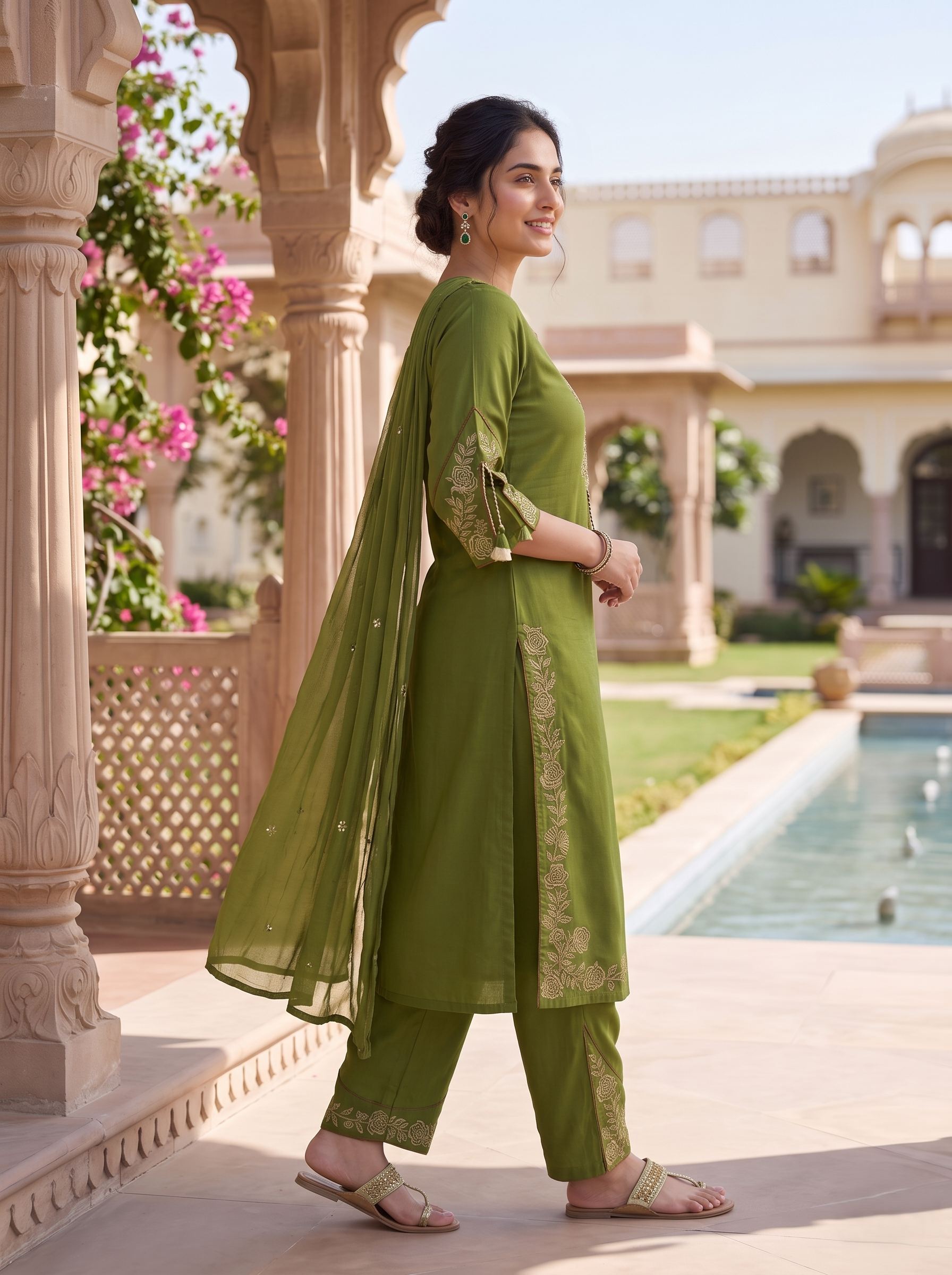 OLIVE GREEN  PURE COTTON THREADWORK SUIT WITH DUPATTA