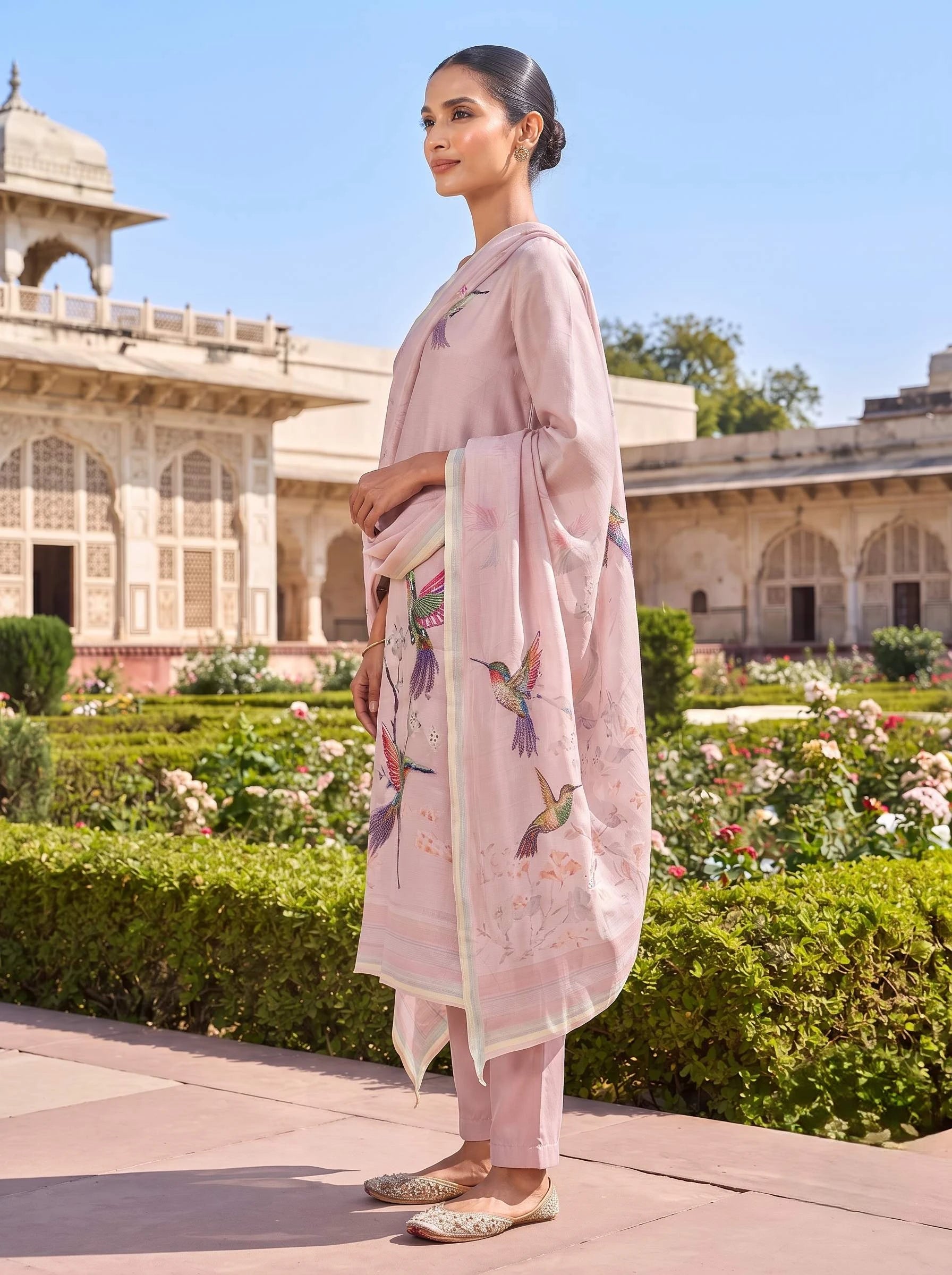 BULBUL ONION HANDWORK SHIMMER TISUUE SUIT SET