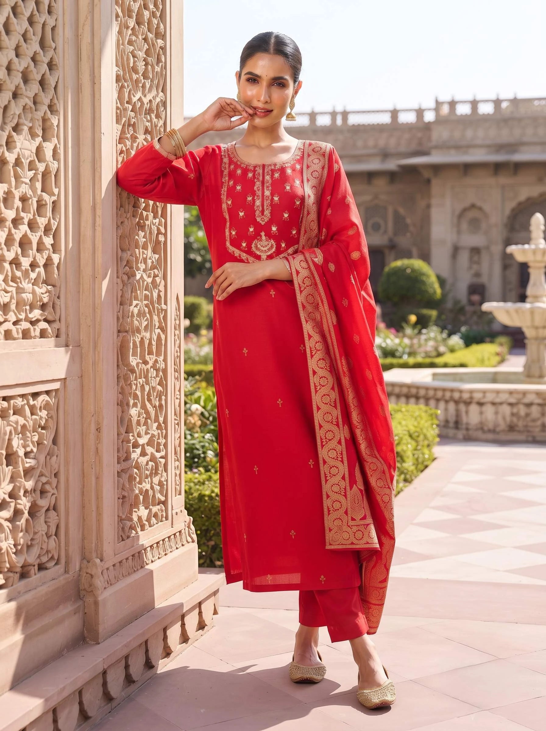 NAZAKAT RED HANDWORK WITH BANARSI DUPATTA SUIT SET