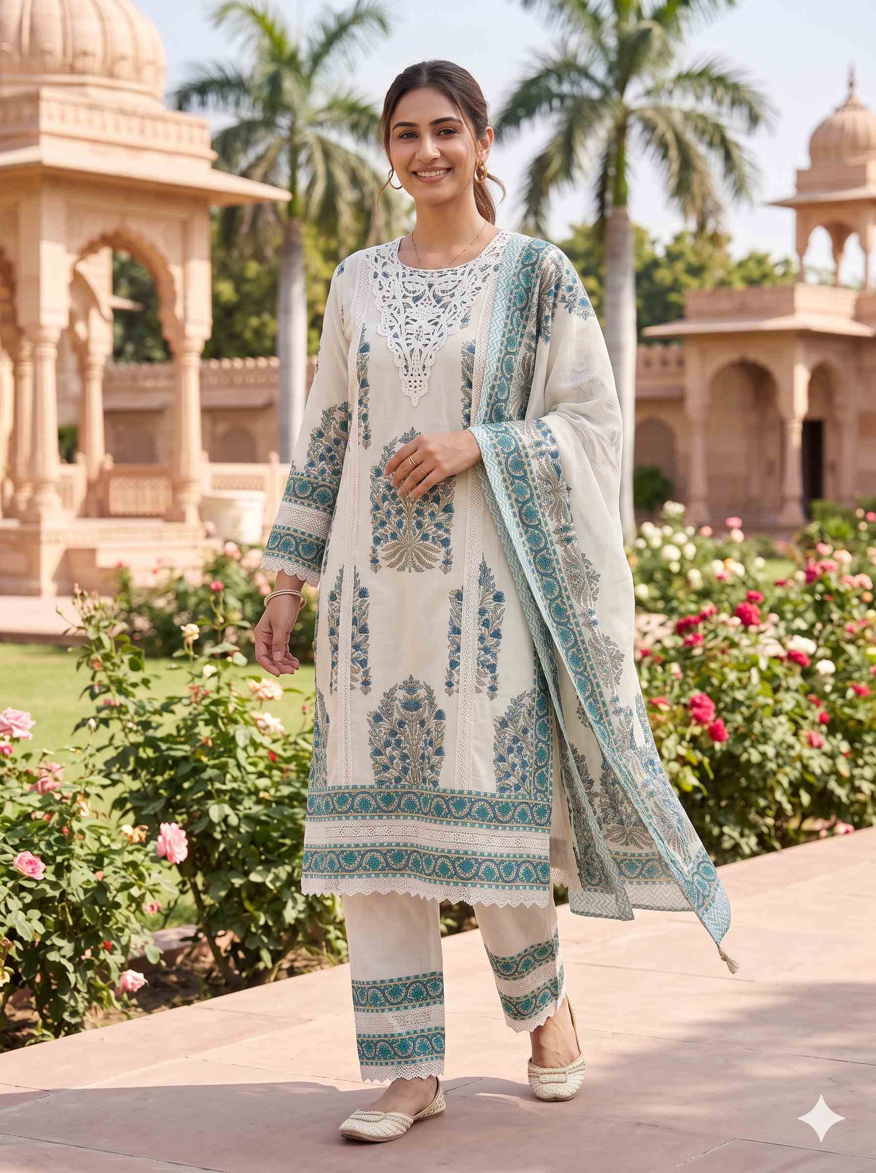 SEA GREEN EMBROIDERED COTTON PAKISTANI SUIT WITH DUPATTA