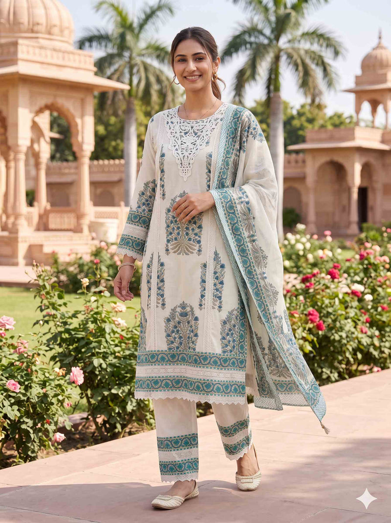 SEA GREEN EMBROIDERED COTTON PAKISTANI SUIT WITH DUPATTA