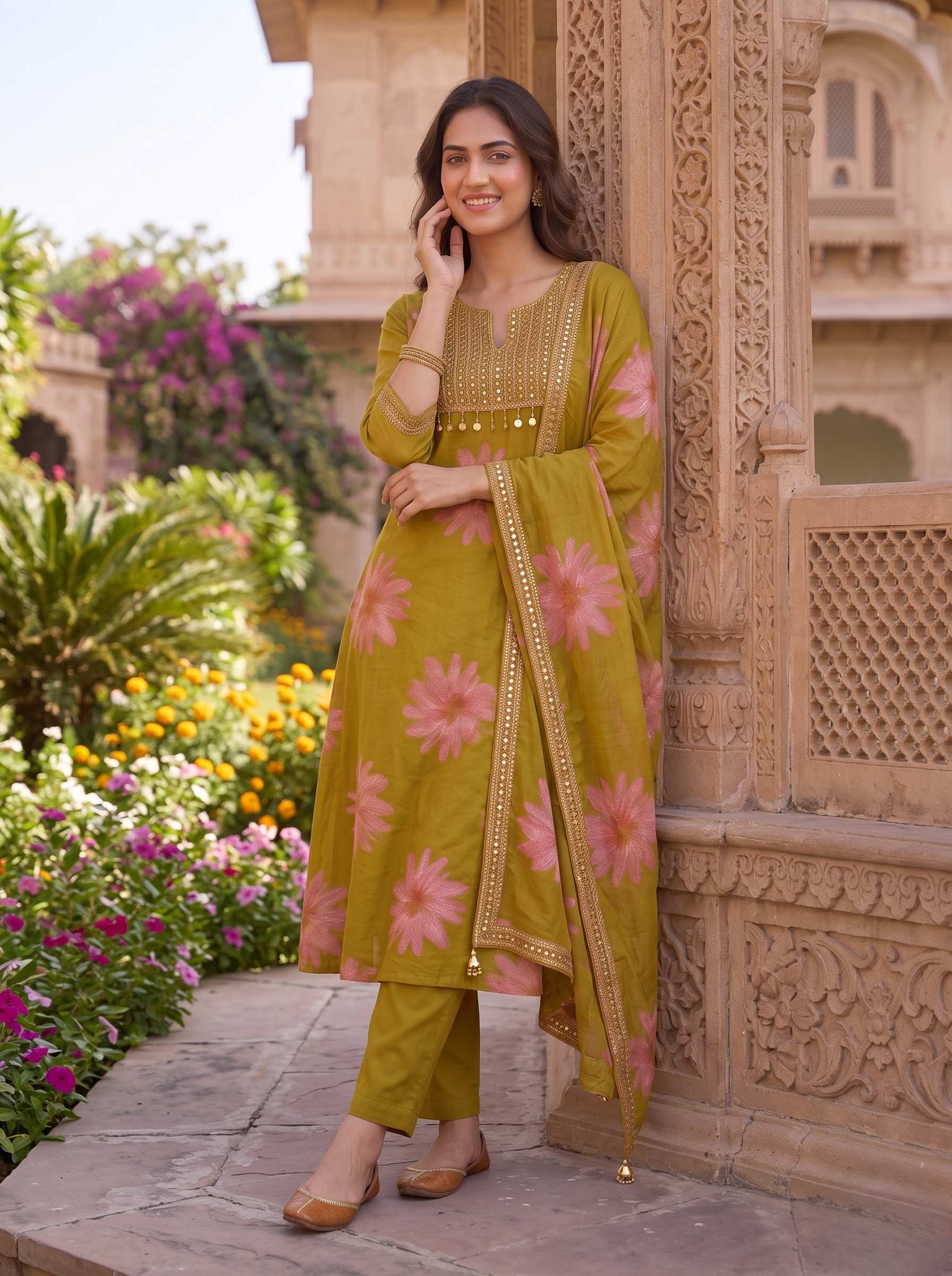 GOLDEN OLIVE BLOSSOM HANDWORK COTTON SUIT WITH DUPATTA