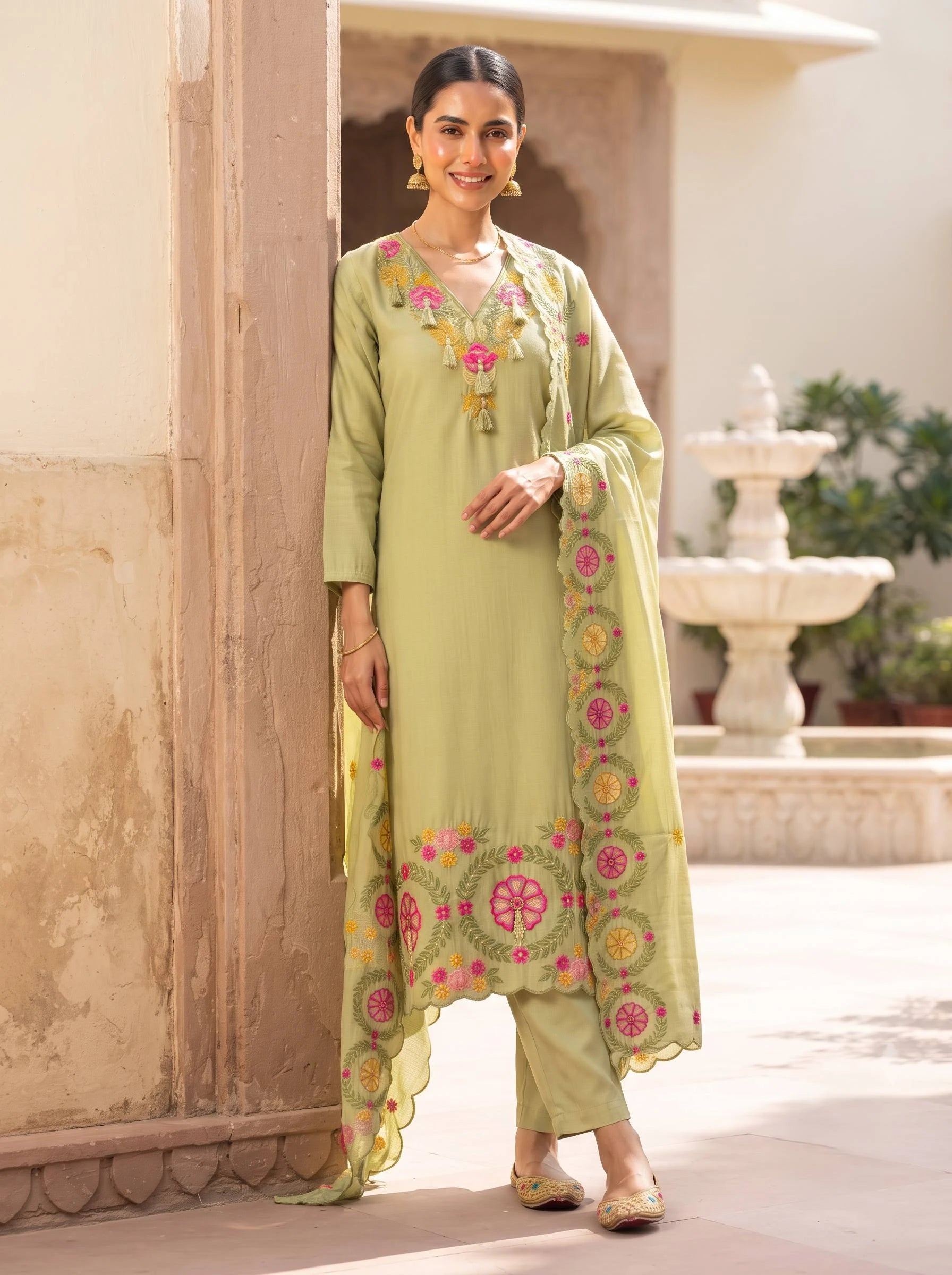 GIVA GREEN THREADWORK STRAIGHT SUIT SET