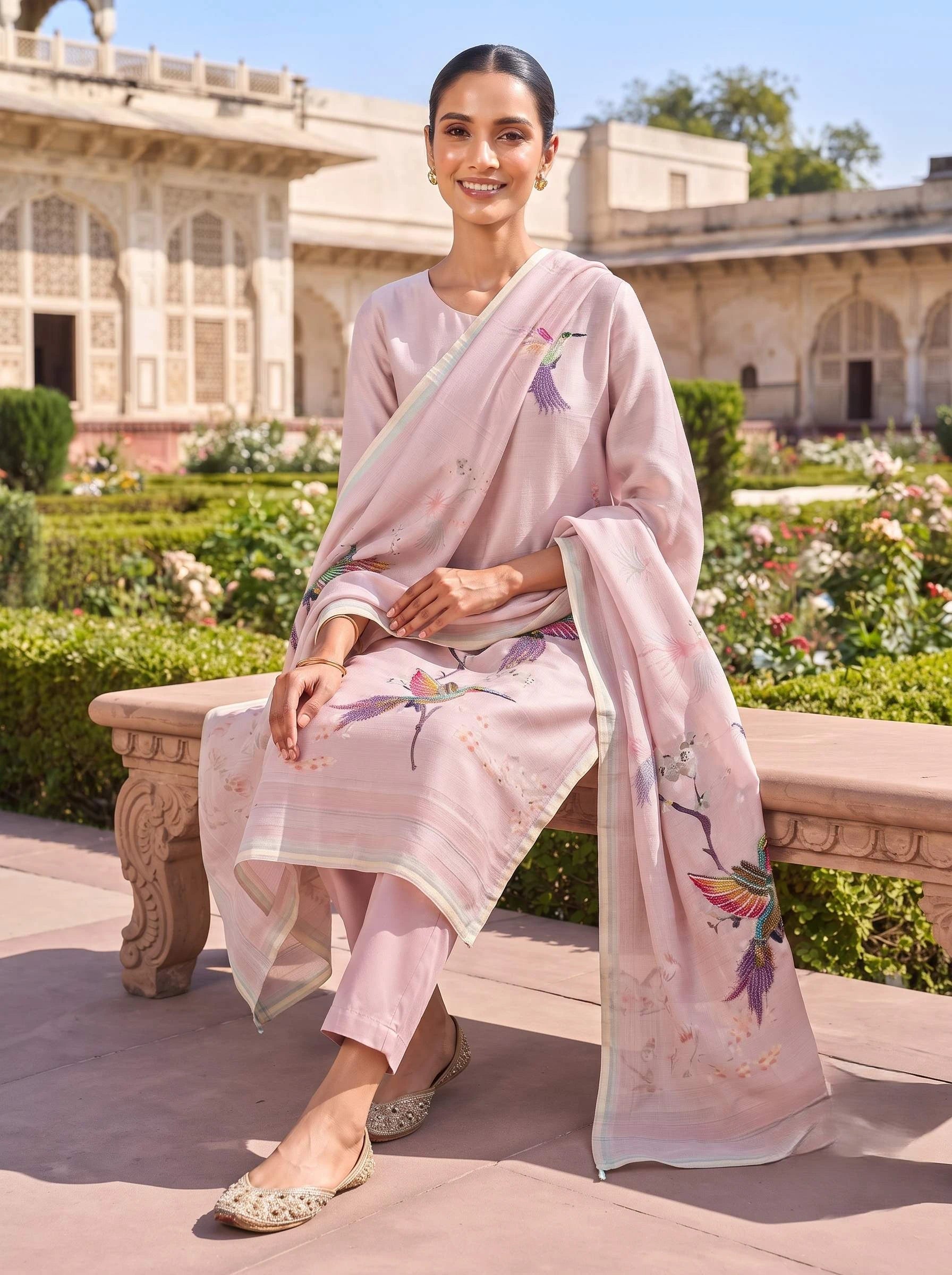 BULBUL ONION HANDWORK SHIMMER TISUUE SUIT SET