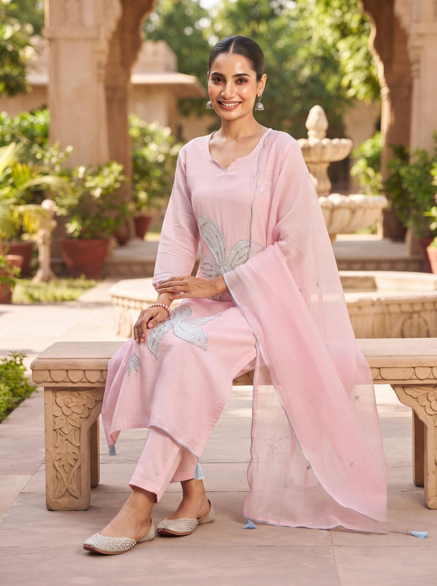 PASTEL PETAL HANDWORK PURE MUL CHANDERI  SUIT WITH DUPATTA