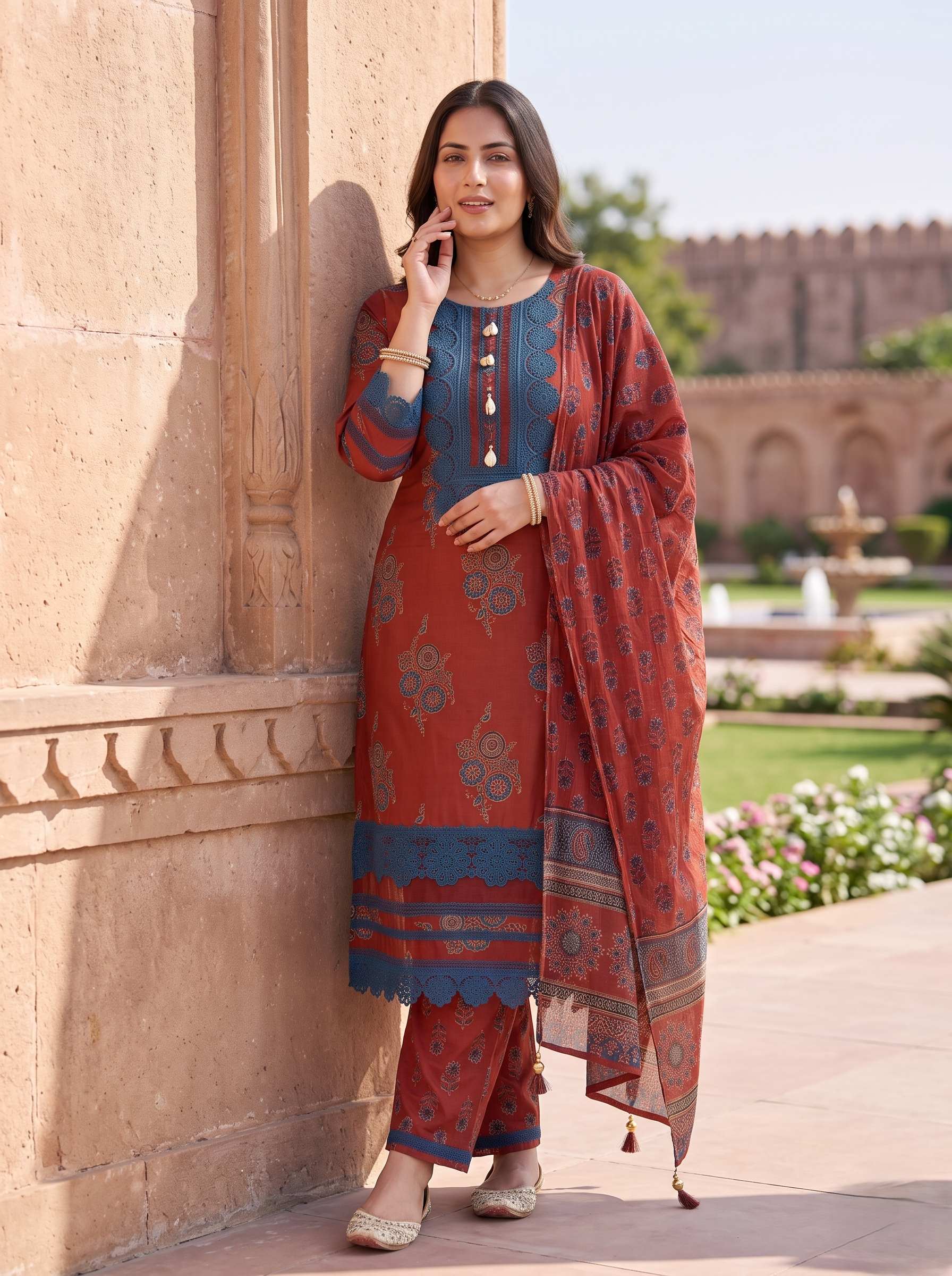 RUSTIC BLUE  EMBROIDERED PURE COTTON PAKISTANI SUIT WITH DUPATTA