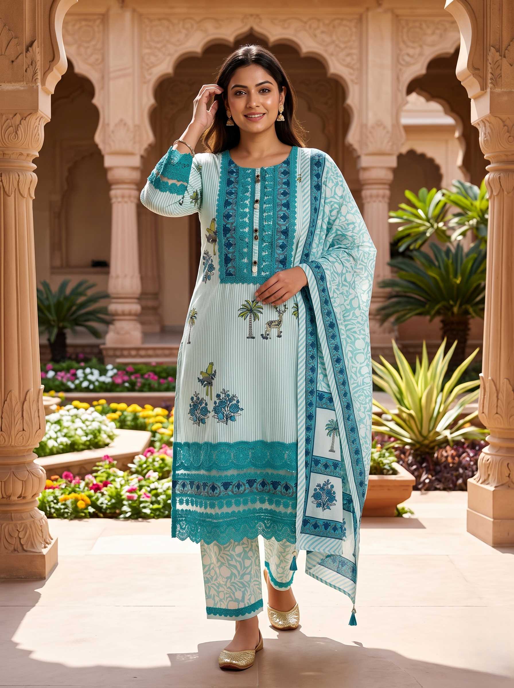 AQUA BLUE  EMBROIDERED COTTON PAKISTANI SUIT WITH DUPATTA
