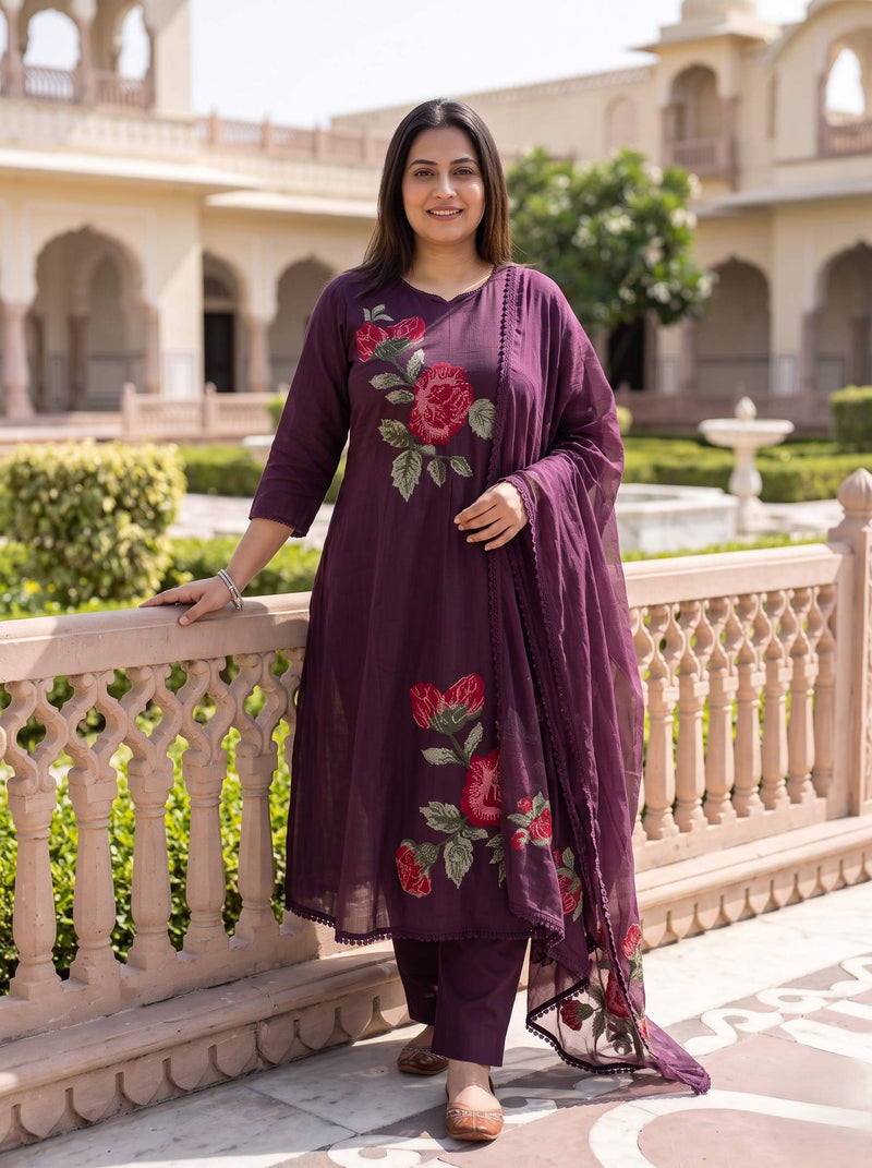 PLUM WINE EMBROIDERED PURE MUL COTTON A-LINE SUIT