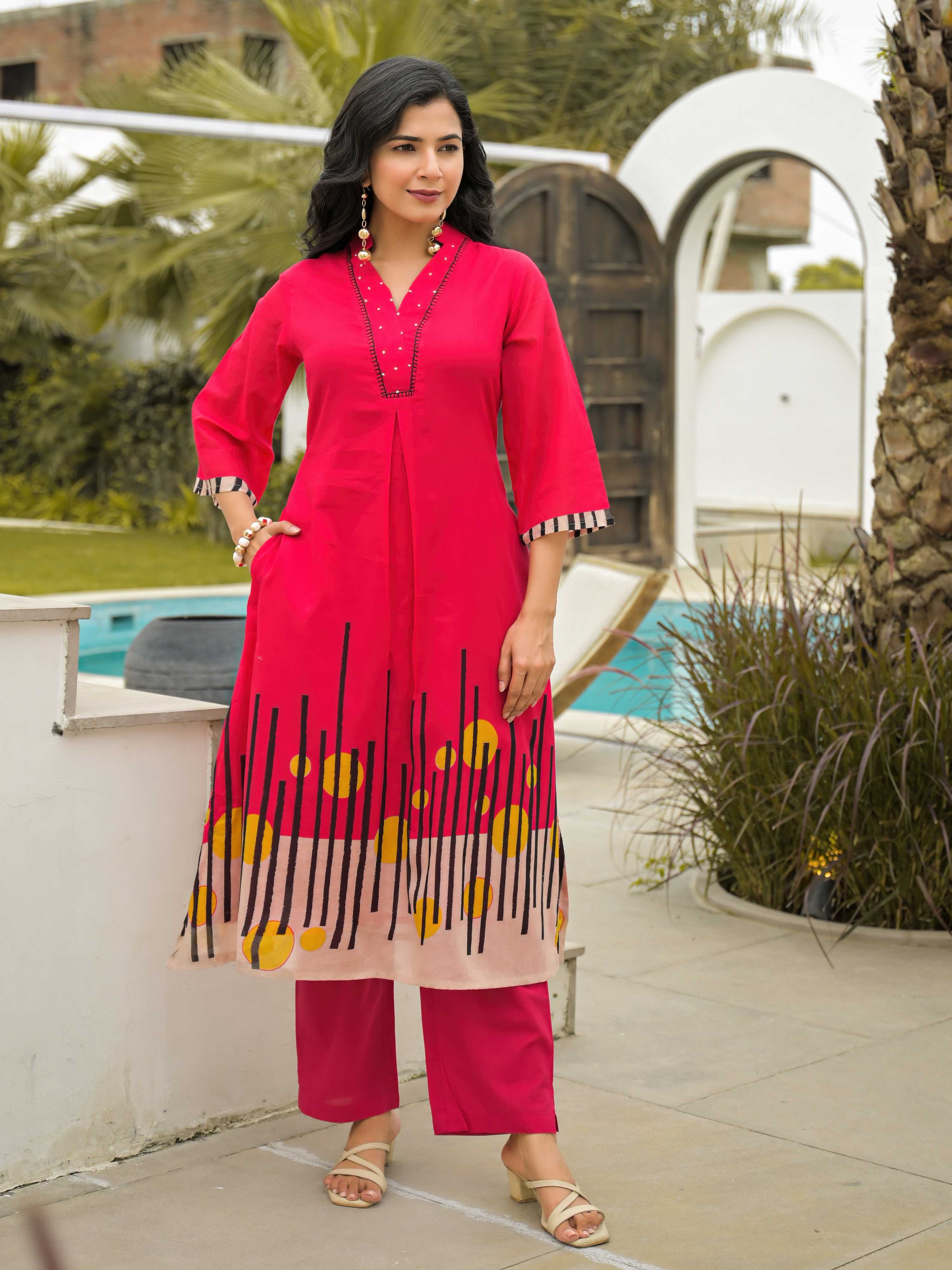 HOT PINK ABSTRACT KURTA  SET
