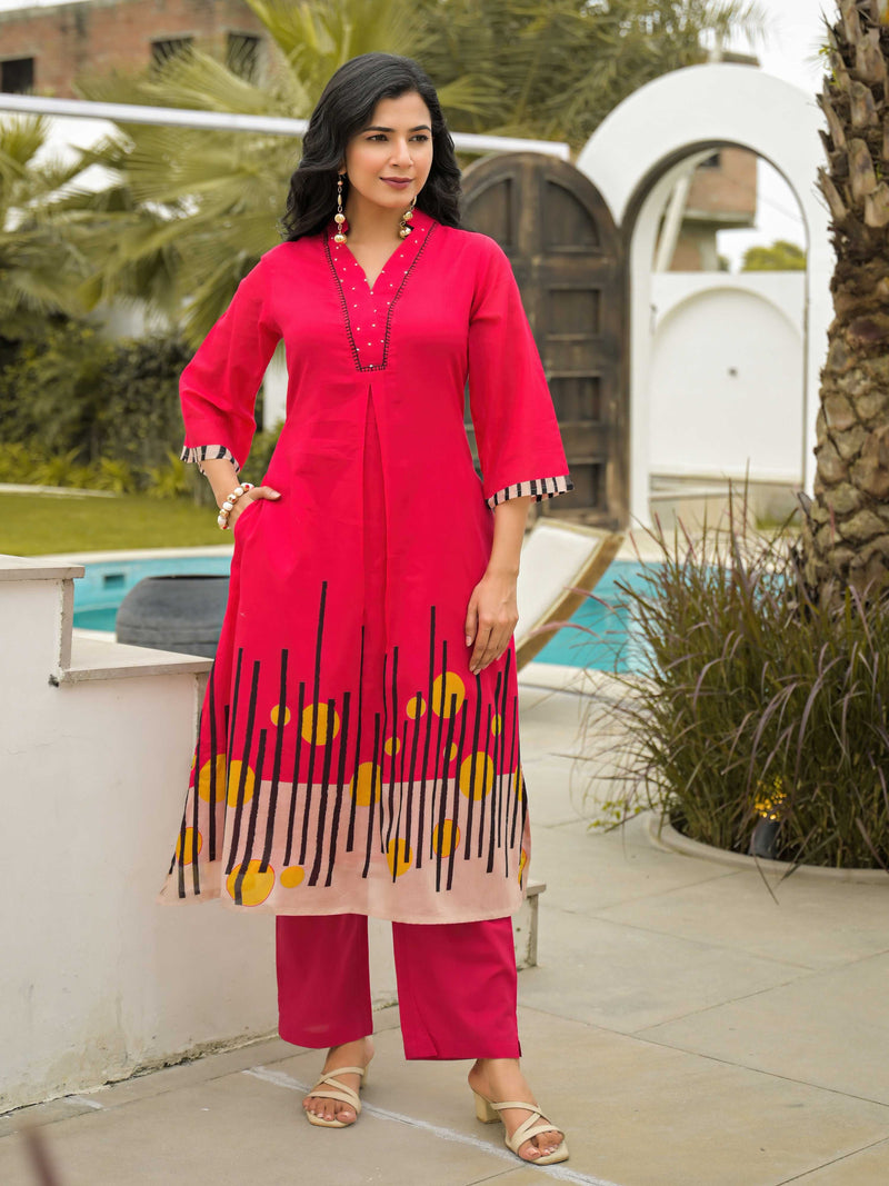 HOT PINK ABSTRACT PURE MUL COTTON  KURTA  SET