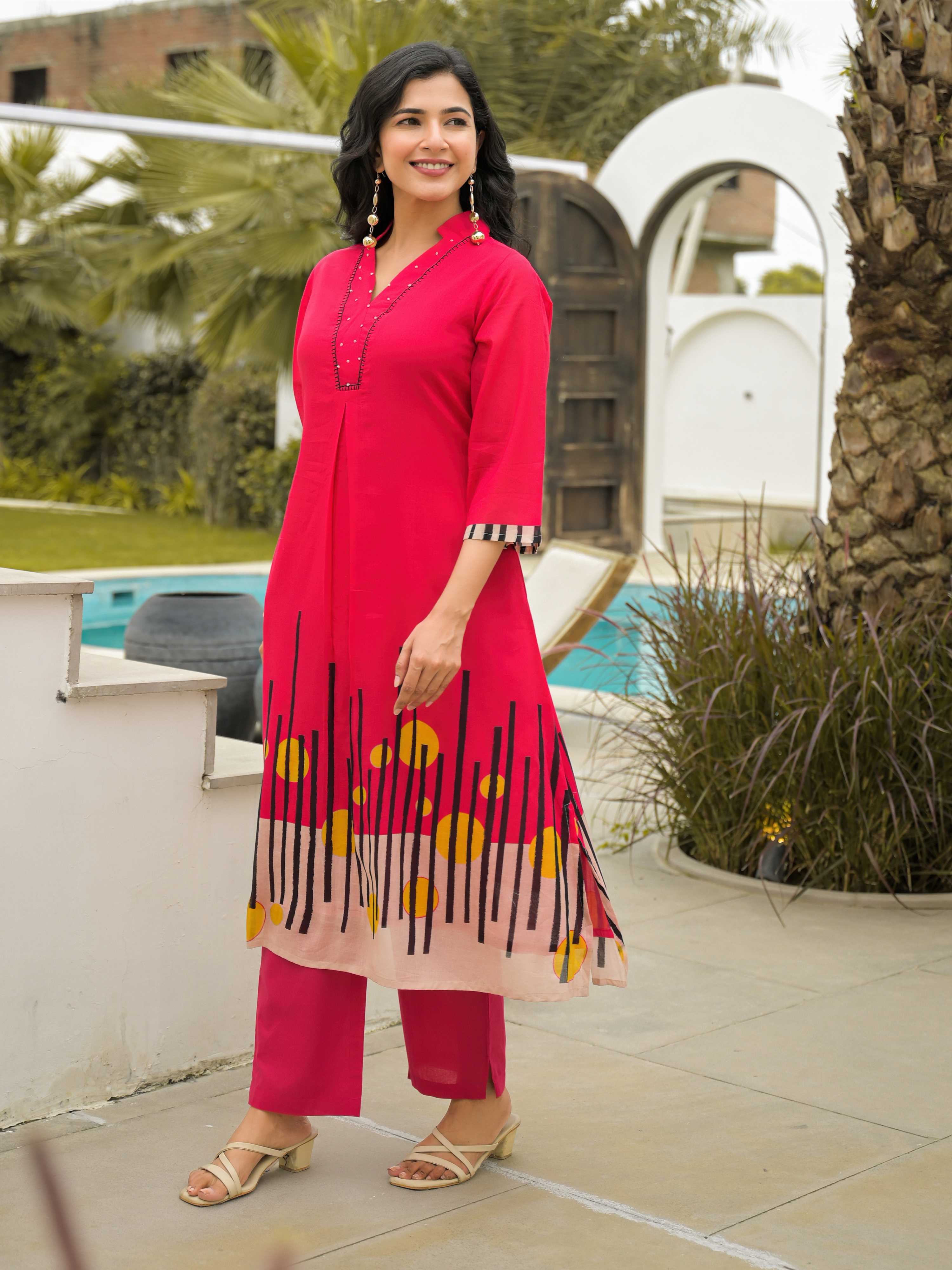 HOT PINK ABSTRACT KURTA  SET