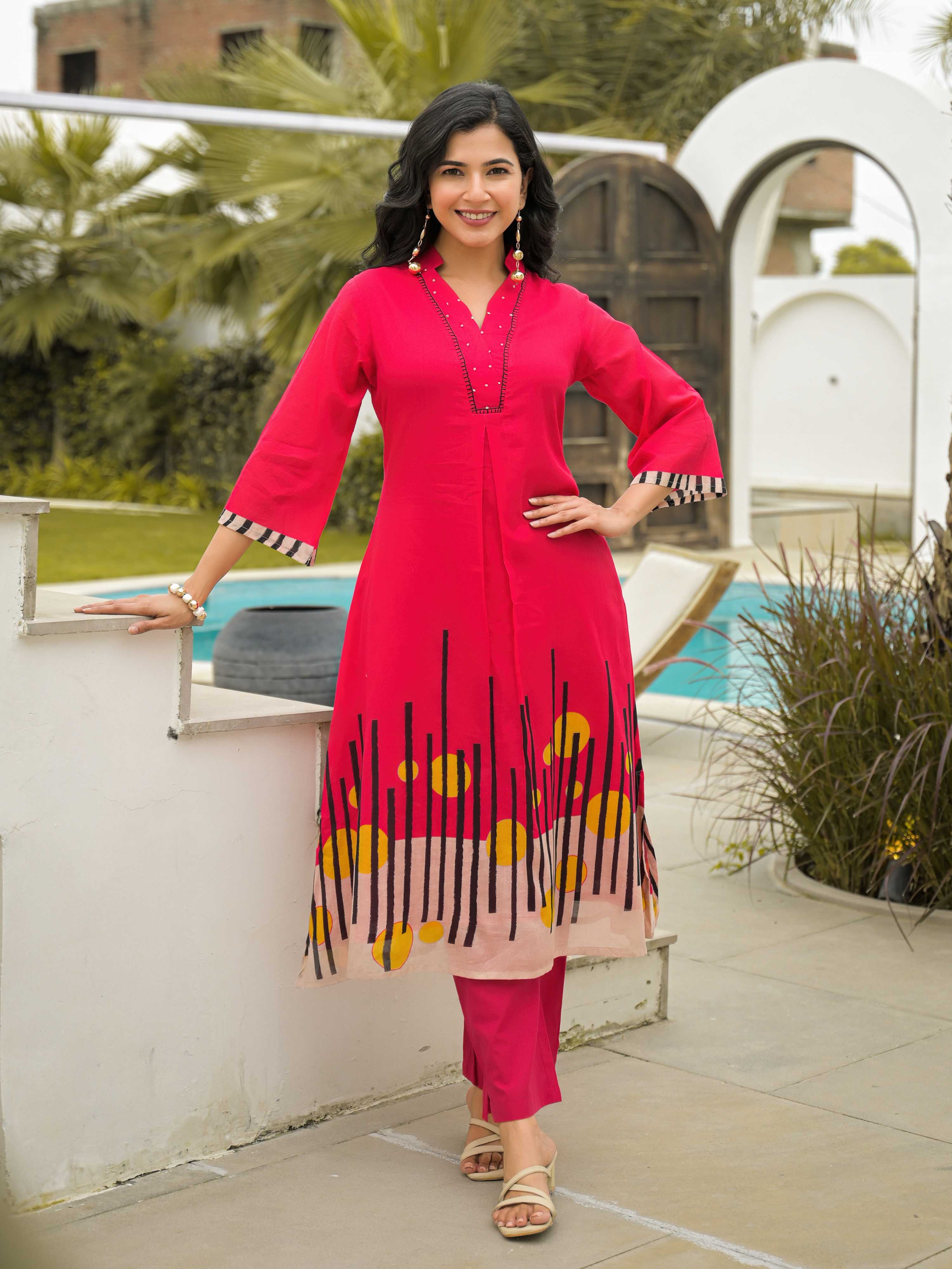HOT PINK ABSTRACT KURTA  SET