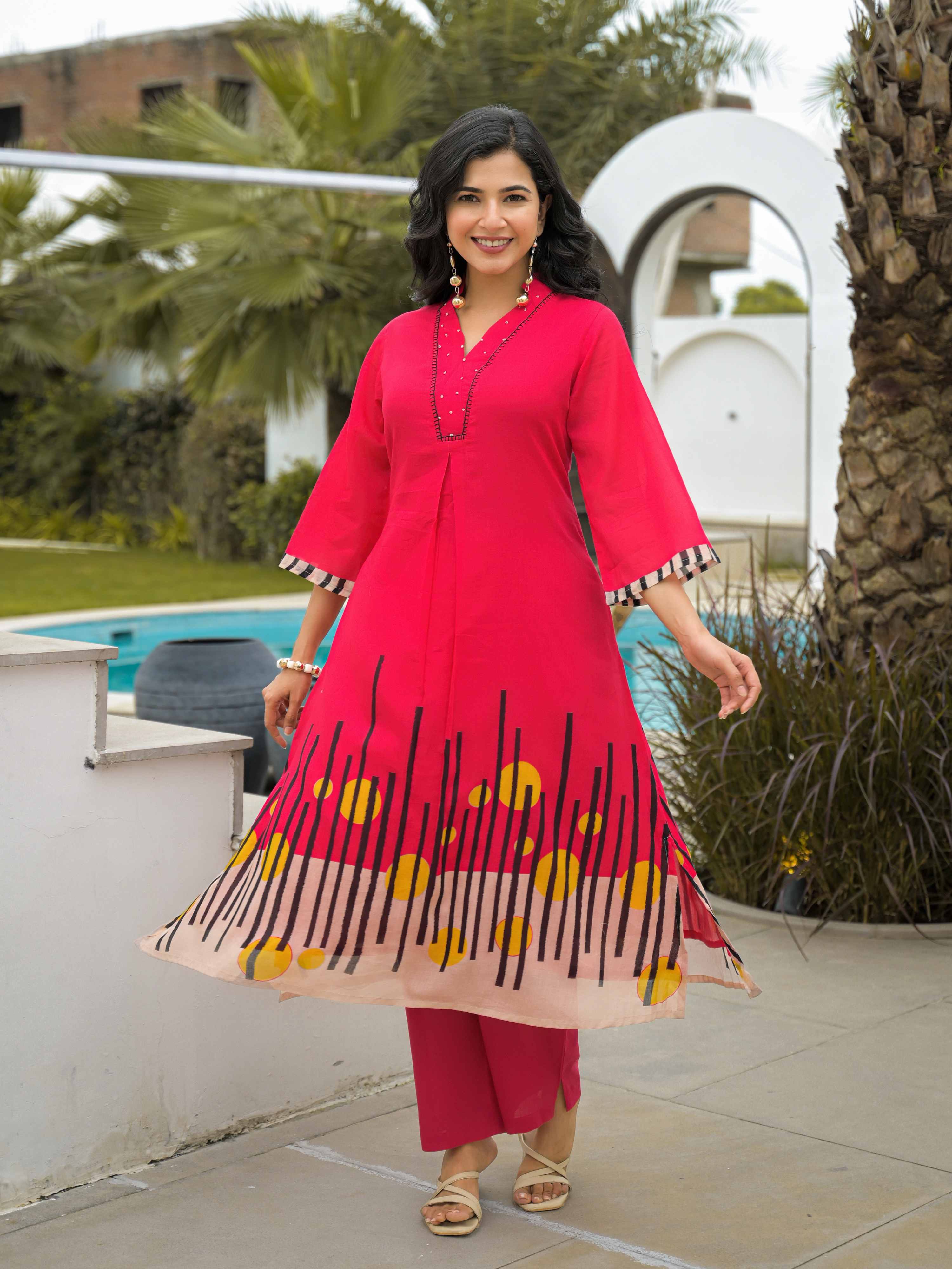 HOT PINK ABSTRACT KURTA  SET