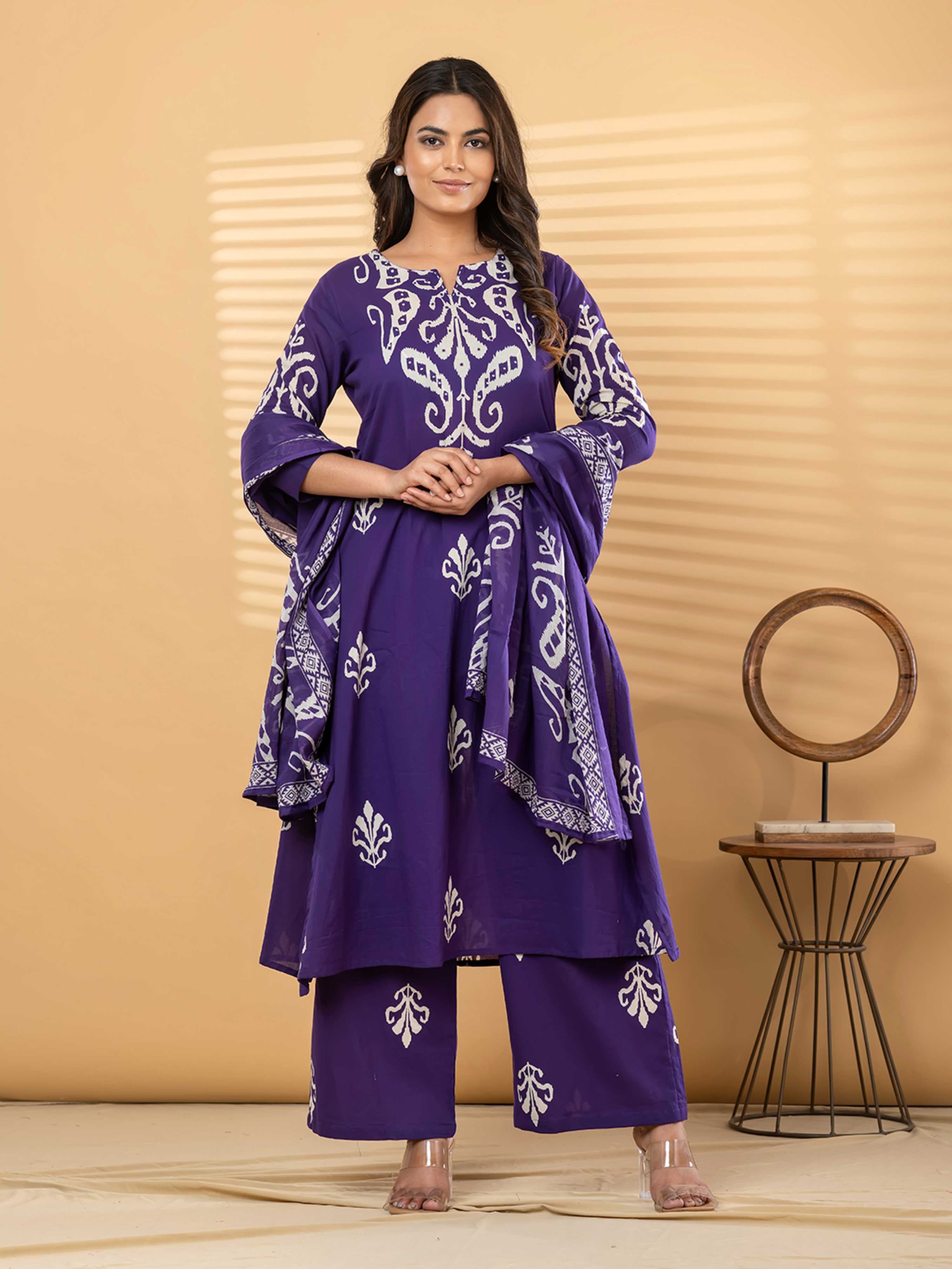 PURPLE  IKKAT PRINT PURE COTTON SUIT WITH DUPTTA