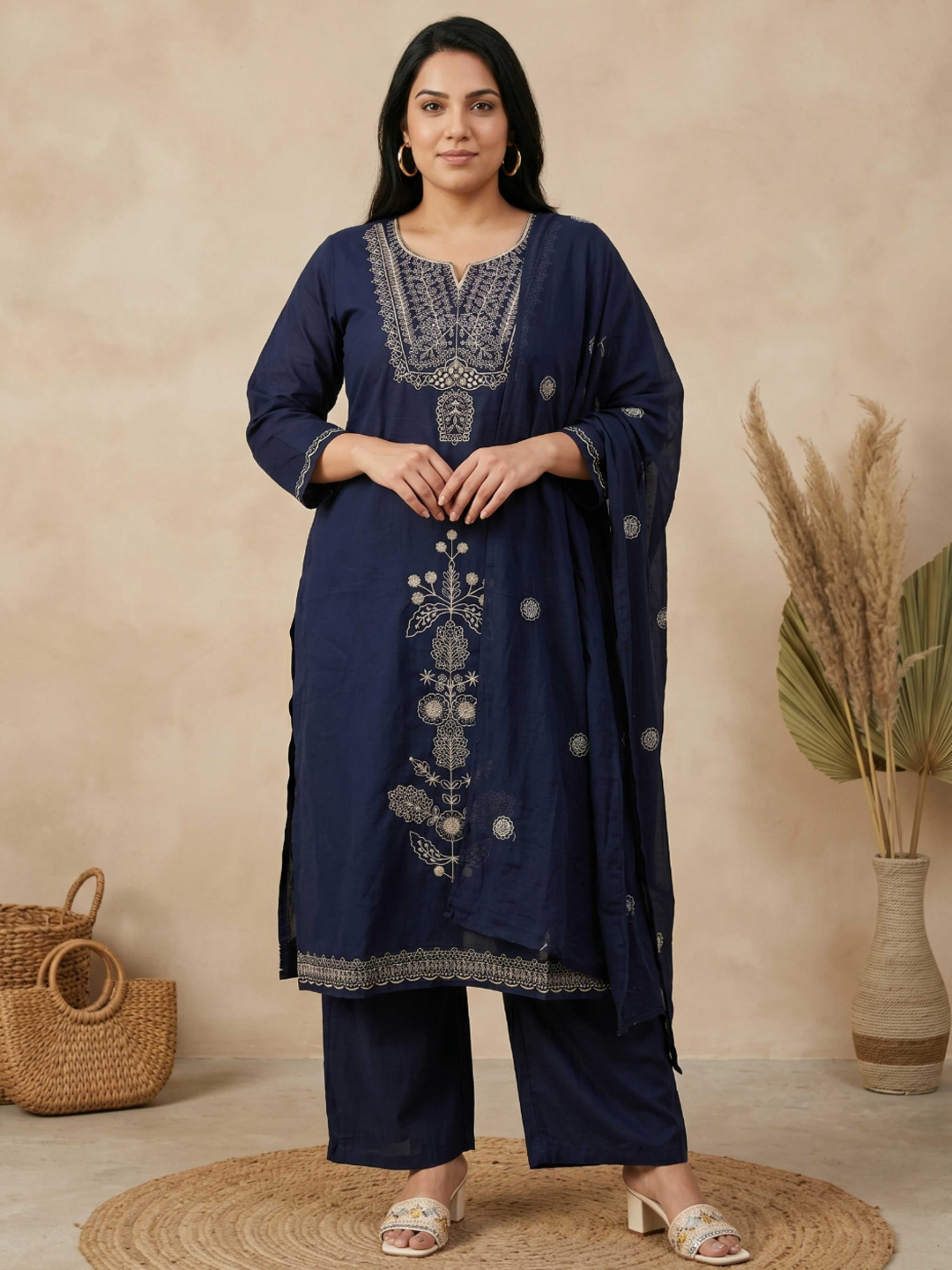 NAVY BLUE THREADWORK PURE COTTON SUIT WITH DUPATTA