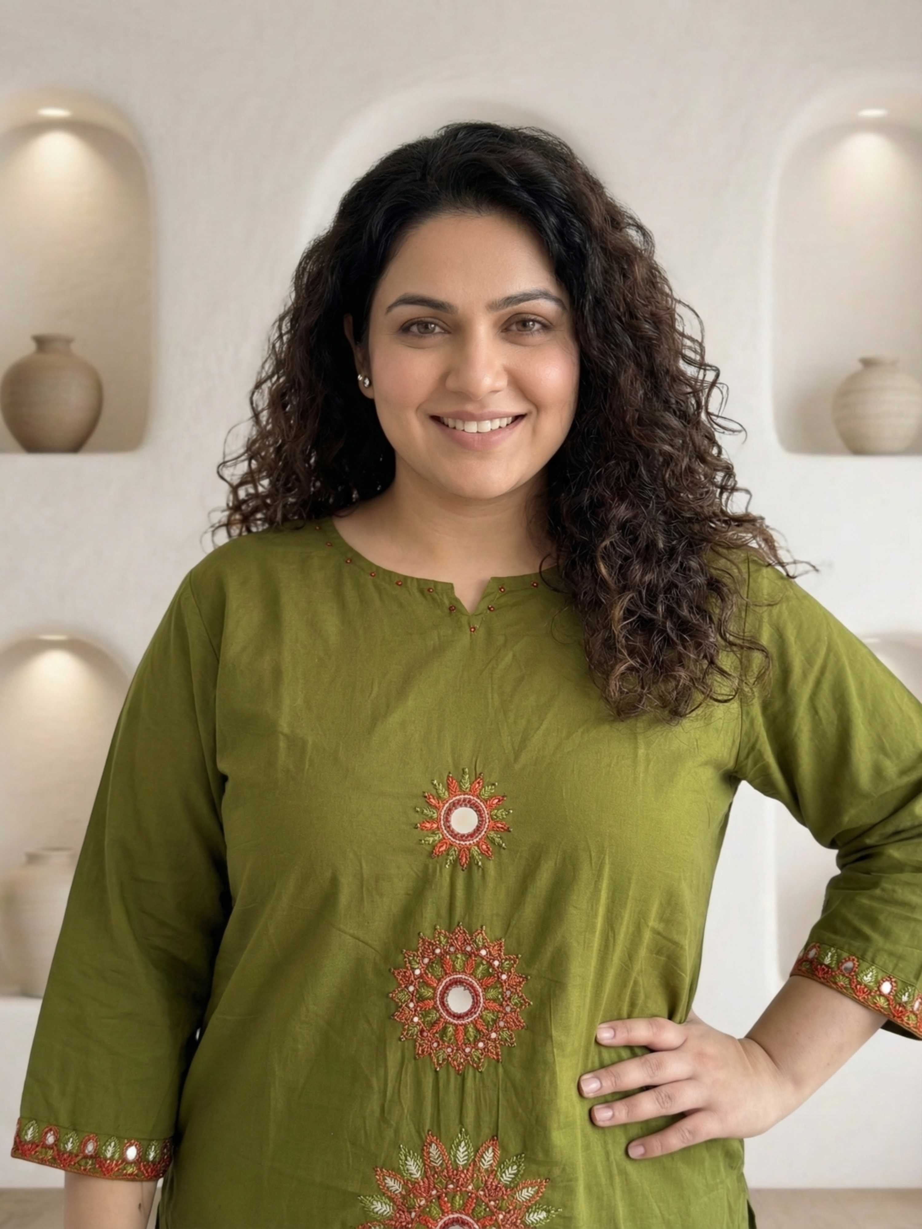 OLIVE GREEN CIRCLE EMBROIDERED SUIT WITH DUPATTA