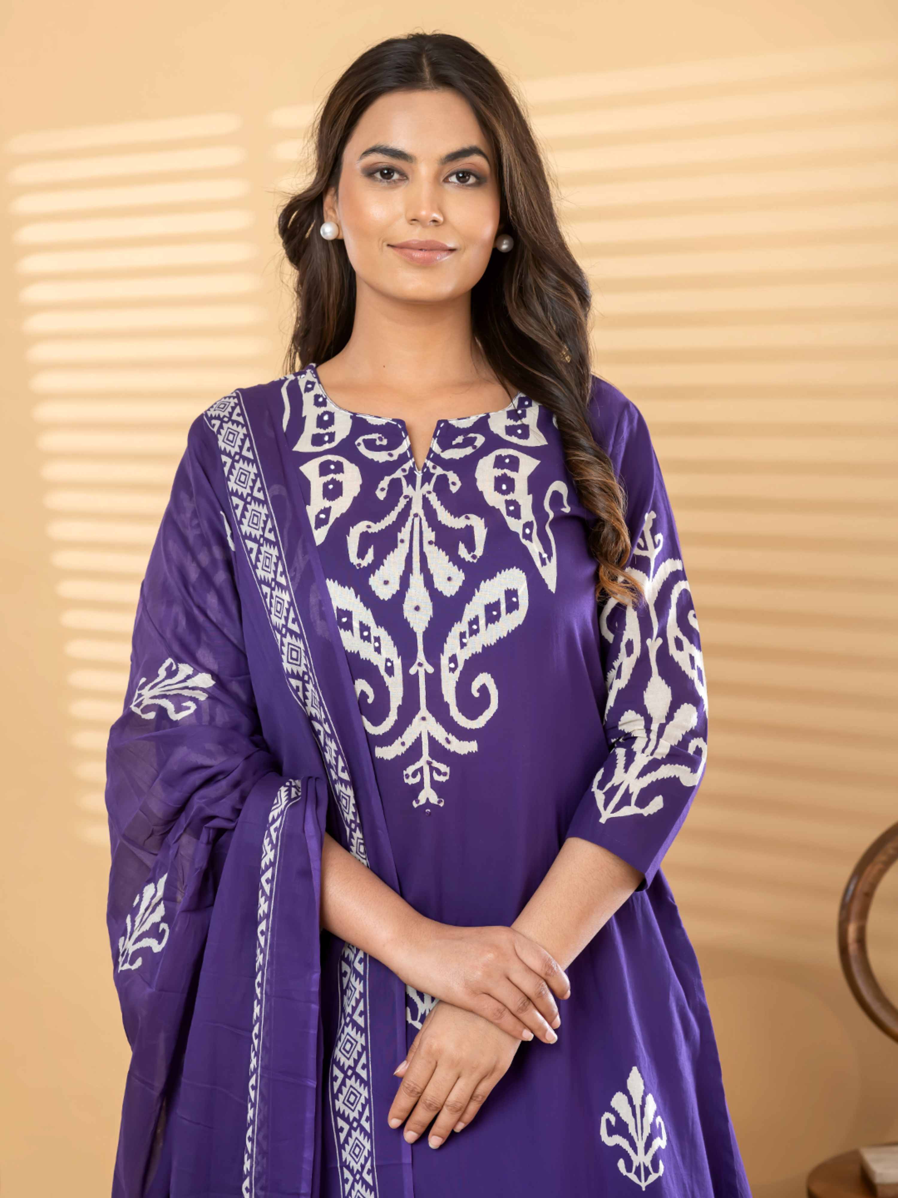 PURPLE  IKKAT PRINT PURE COTTON SUIT WITH DUPTTA
