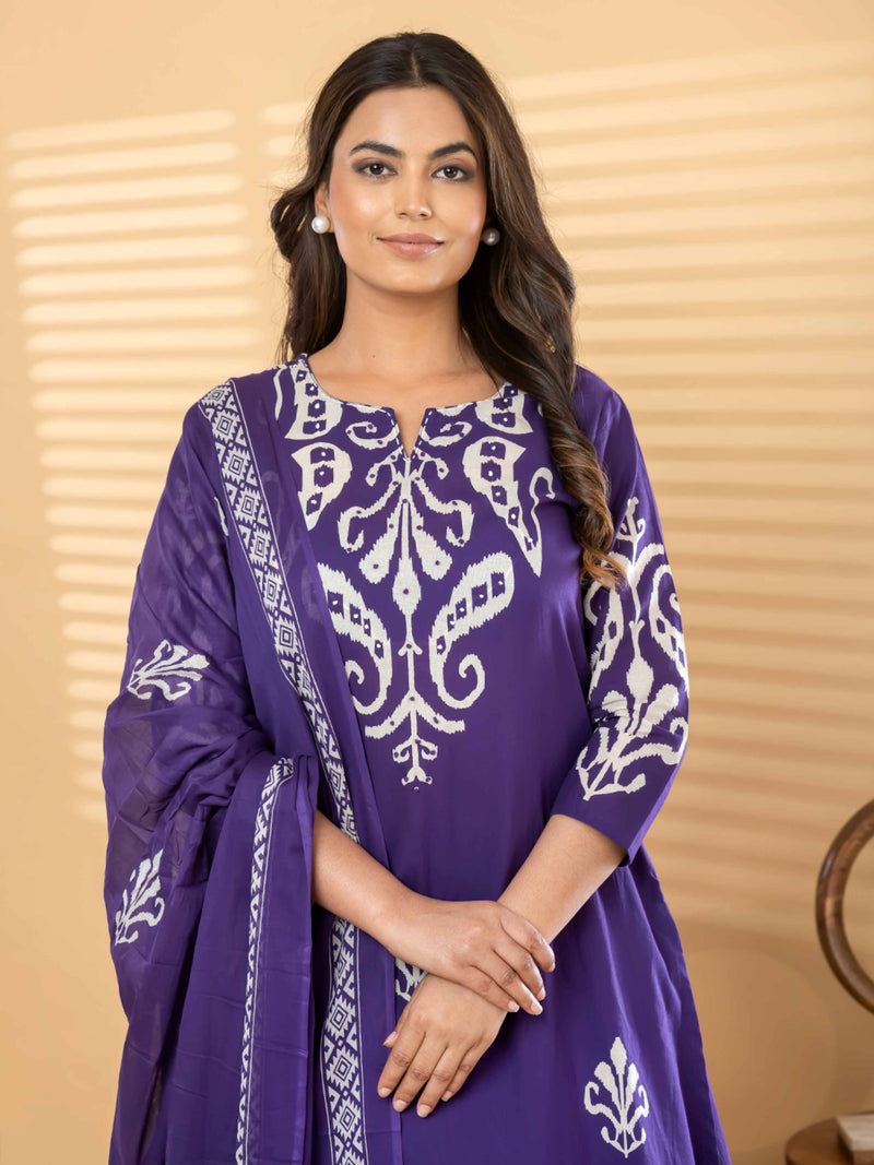 PURPLE  IKKAT PRINT PURE COTTON SUIT WITH DUPTTA