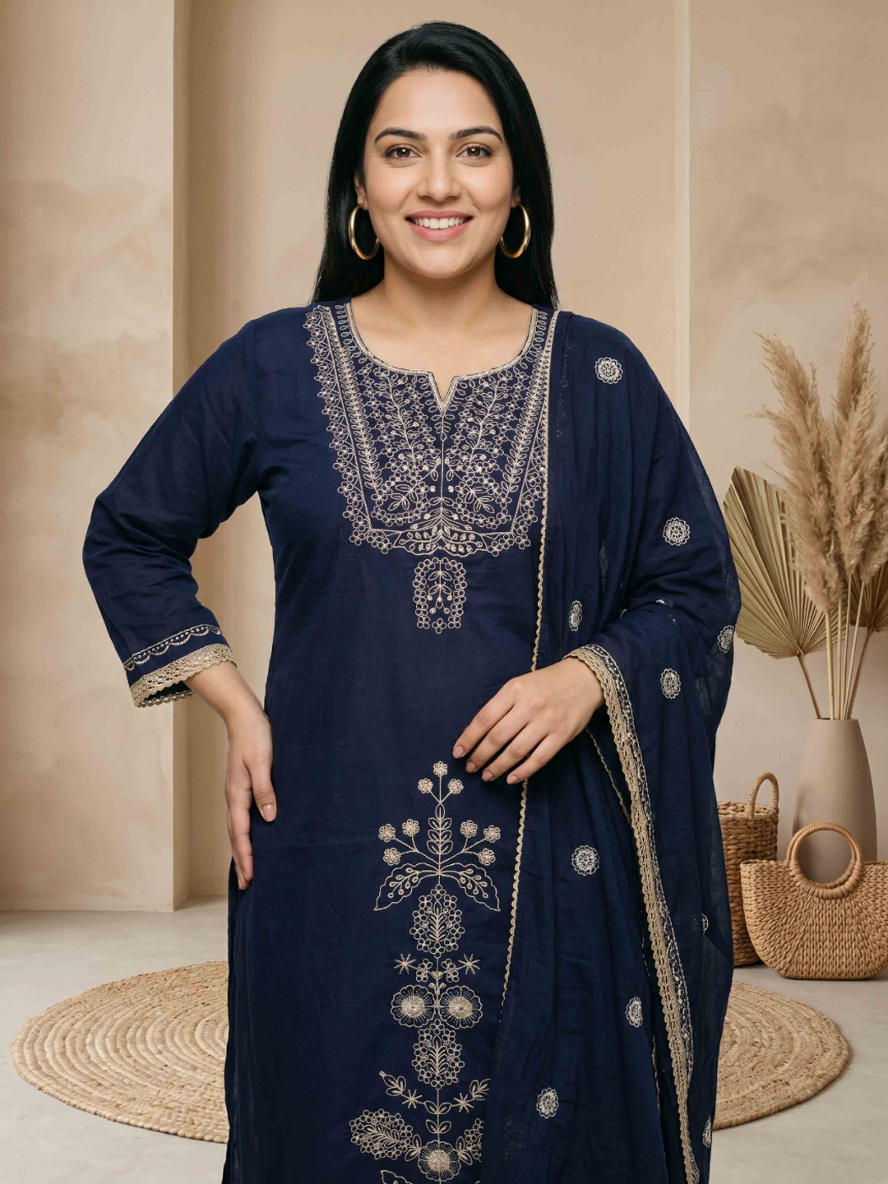 NAVY BLUE THREADWORK PURE COTTON SUIT WITH DUPATTA